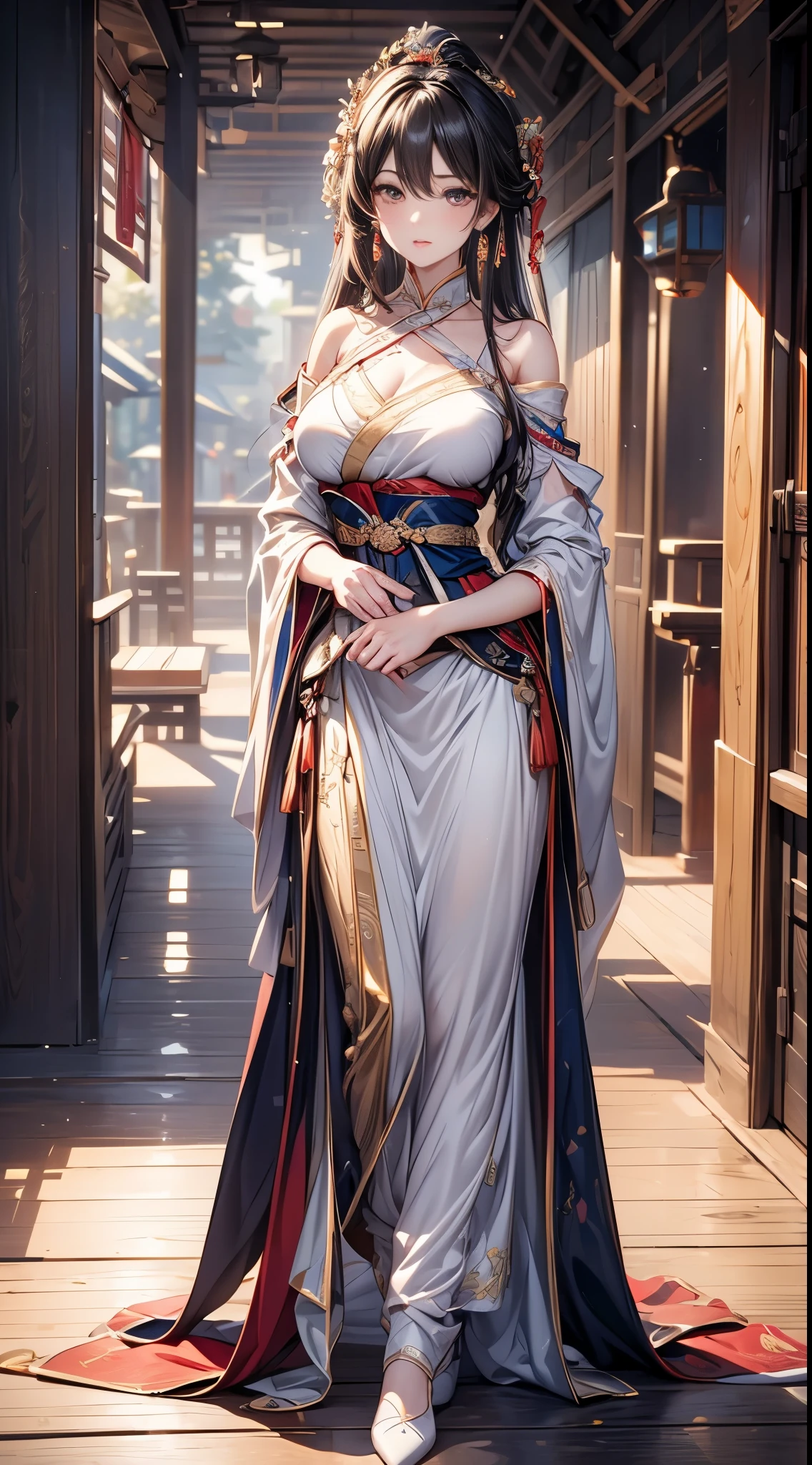 masterpiece,Extremely detailed CG unified 8k wallpaper,1 girl,Full body image， fair,big eyes， Clear facial features，Practical, Vague, Vague_background, Vague_prospect, China Pavilion, Earrings and Nipple Rings,Jewel-like, nose, Practical, Solitary,Gorgeous off-shoulder Hanfu,