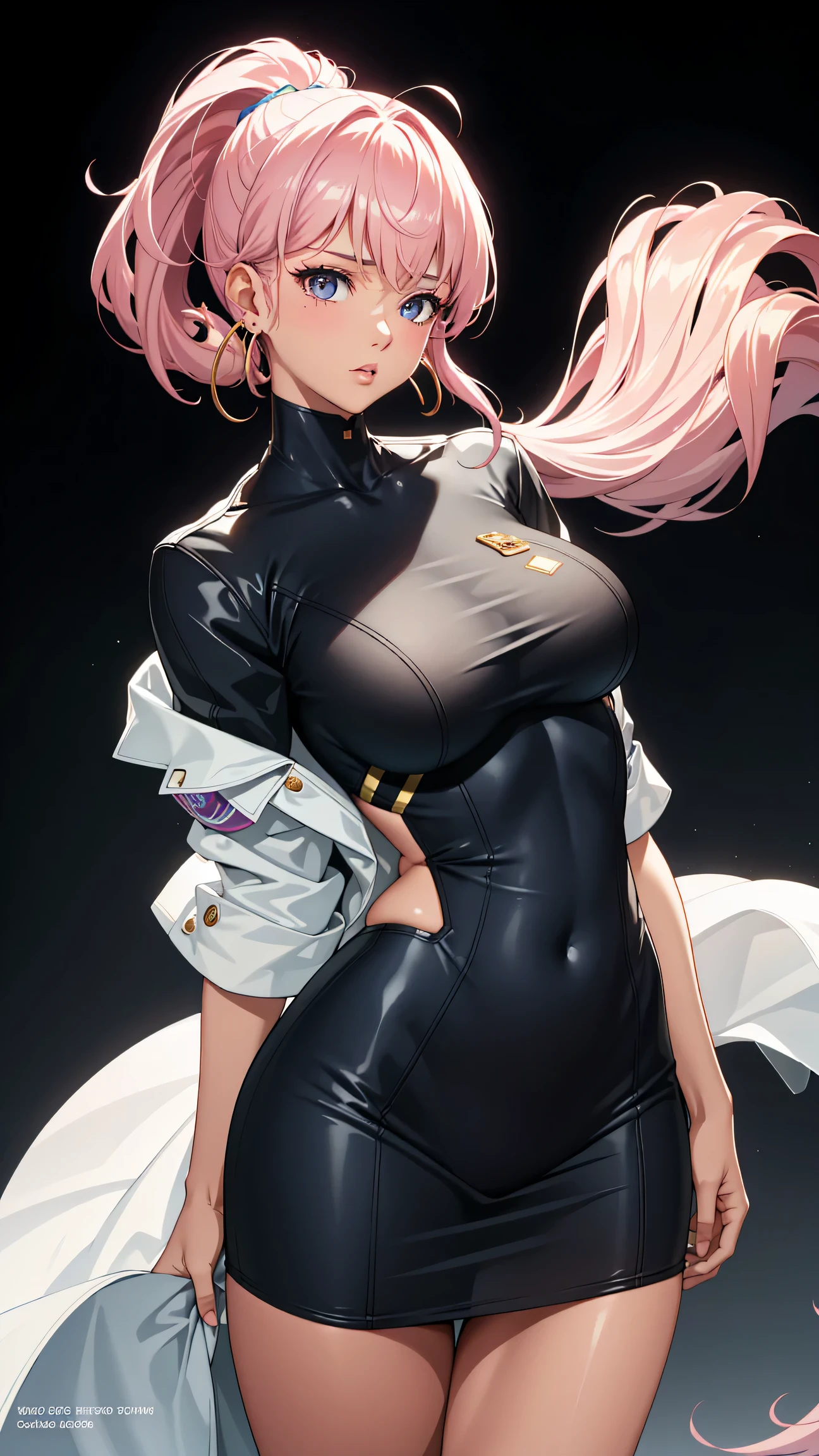 (best quality:1.5, highres, UHD, 4K, detailed lighting, shaders), white curly floral haired, gradient hair, large breasts, suit, T-shirt, social shirt, short skirt, mature woman , (pov), white background, colorful eyeshadow, dramatic lighting, sparkling eyes, sensual expression, golden earrings, flowing hair, delicate facial features, brown skin, high cheekbones, urban setting, black background, dont look for the camera, lean forward,  behind  the camera