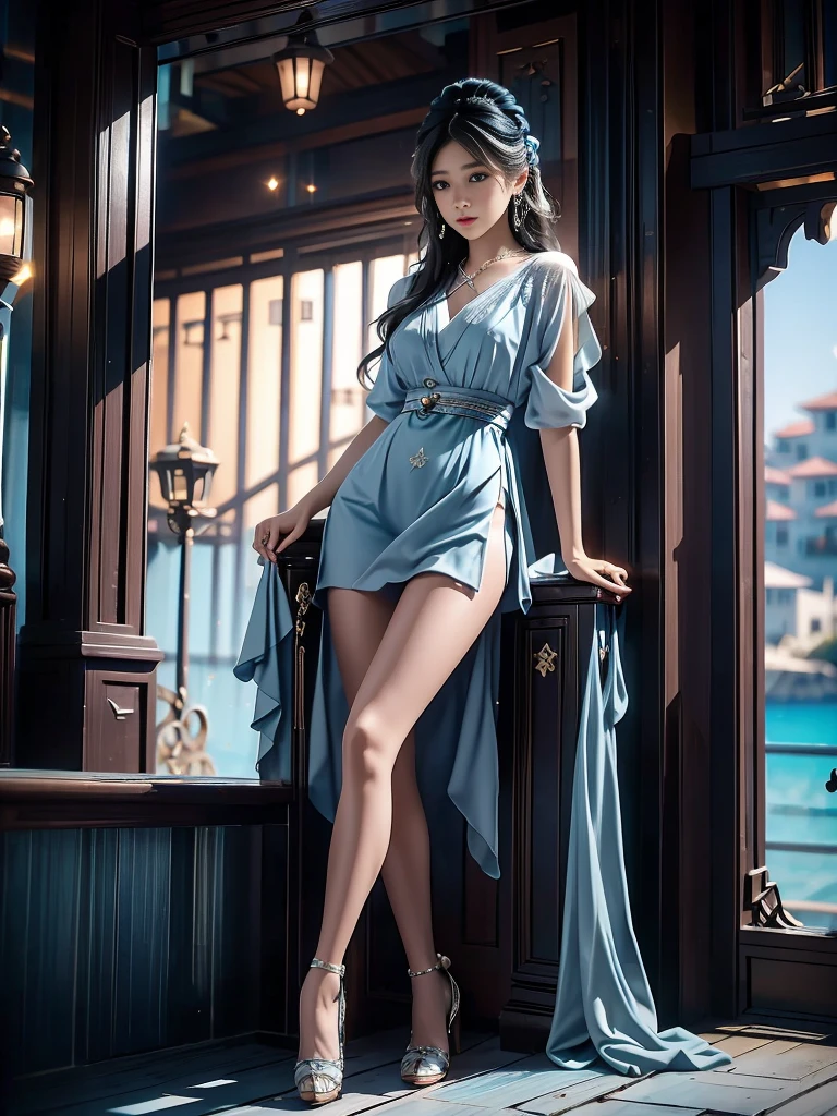 (Vision:1.5)，night，(Romantic Blue Coast:1.5)，Coastal Focus，Beautiful woman with long flowing hair and white hot pants，Relax on the beaches of the picturesque French Riviera，The white sandy beach blends perfectly with the clear blue sea，nearby，Colorful shells scattered randomly，Tall and sturdy palm trees sway gently in the moonlight，Give the quiet earth a layer of deep night light，Fairy Tale Style，Light and shadow mottled，Fantastic surreal，chiffon，Starlight