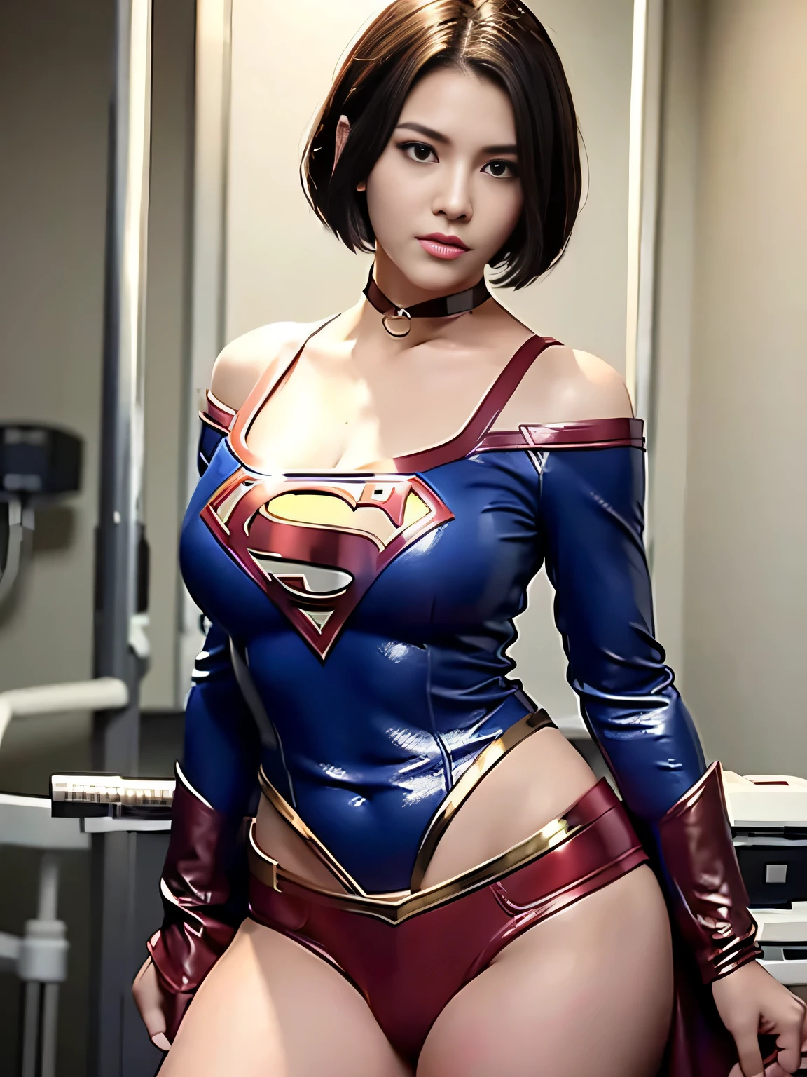 masterpiece、Enamel Supergirl Costume、Short Hair、Hospital operating table、Crisis situation、Big and ample breasts、looking at the camera、Shiny、Off the shoulder、choker、Long sleeve、Red exy poses to seduce、Sweaty、Model Body Type、Alluring、charm、Enchanting、abused、test subject、victim、Wild、Photorealistic、