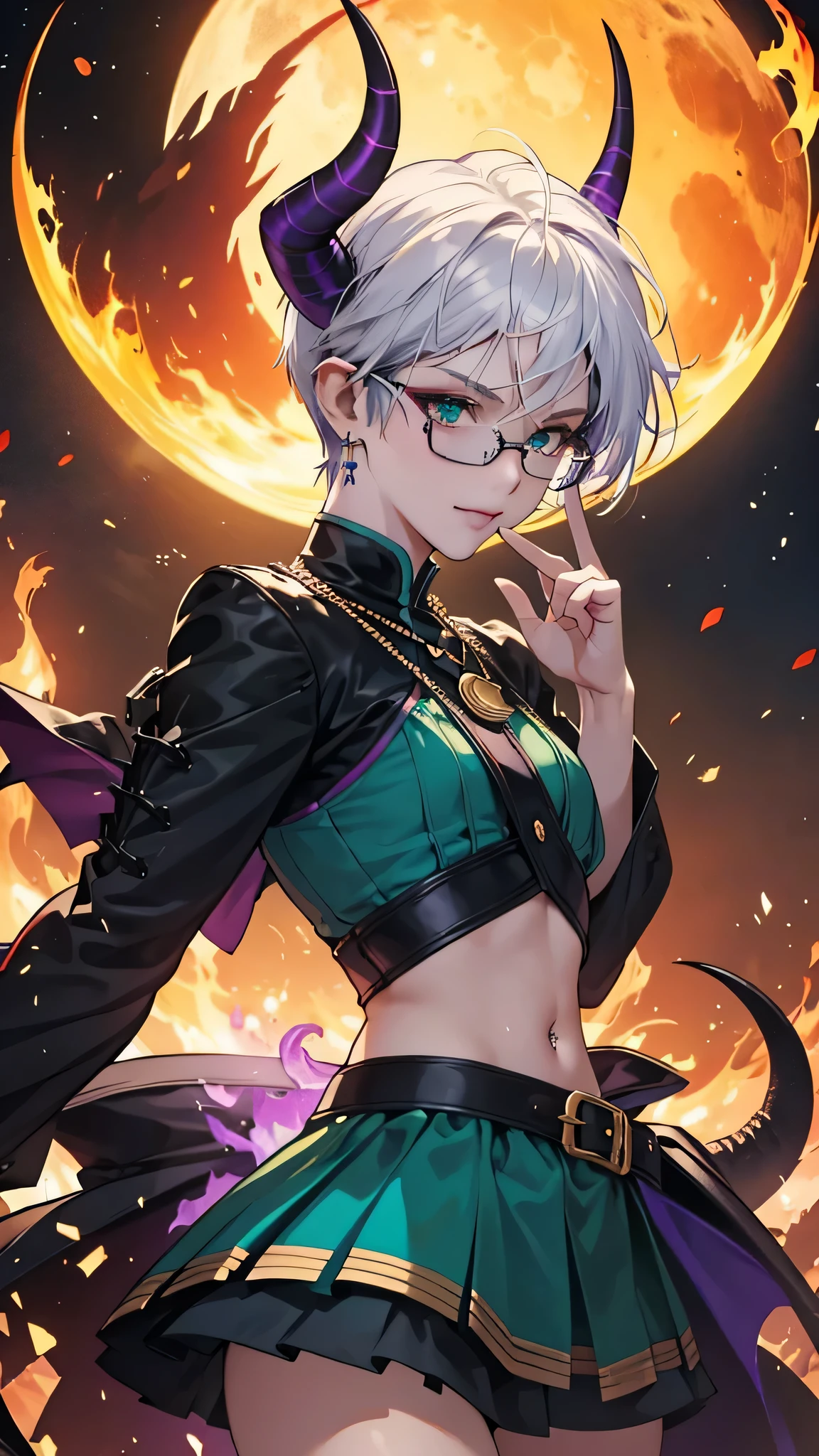 8k, masterpiece, best quality, highly detailed, 1girl, tiefling, warlock, solo, multicolored hair, very short straight hair green highlight hair on white hair, strippled hair, wearing glasses, earrings, necklace, navel piercing,  short skirts, mole, glamorous, teal and purple clothing, villainy, smirk, seductive pose, close ups view, rings, looking at viewer, standing, demon horns, demon tail, high heels, fantasy world, night-time, crescent moon, black and green coloured flames, burning scenario, casting fire spell, rounded glasses, fires.