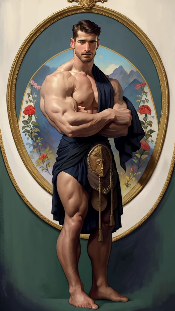 A full body portrait of an extremely strong and handsome 25s years old man wearing only a short kilt, strong arms and nude chest, highly detailed painting, portrait, artwork by William-Adolphe Bouguereau, tom of finland, Gaston Bussiere, Alphonse Mucha, ethereal, poetic pastoral