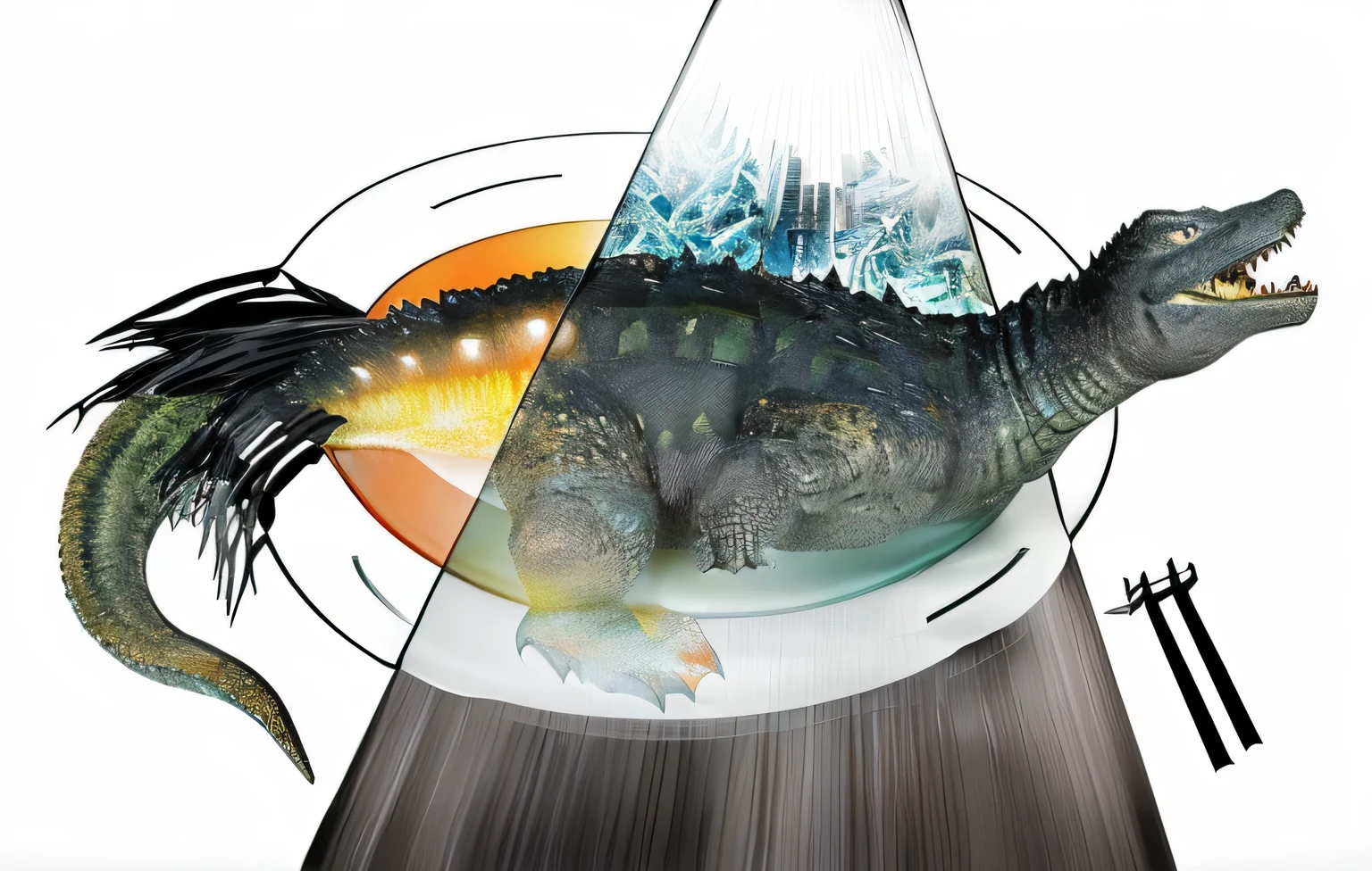 There is a Godzilla on a plate，The light reveals the appearance of Godzilla，Godzilla head revealed，Godzilla&#39;s tail emerged from the rear of the fish.
