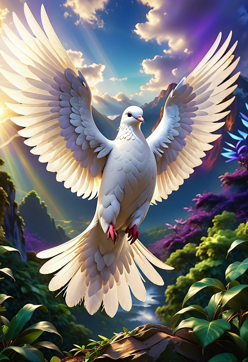 An awe-inspiring 3D rendering of a radiant white dove, its wings spread wide, revealing a stunning array of deep blue, purple, and green feathers that shimmer in the light. The dove emits a divine aura, and its eyes possess a gentle yet fierce wisdom. The background showcases a grand, cinematic landscape with towering mountains, lush greenery, and a golden sun breaking through the clouds, casting an ethereal glow on the surroundings. The overall atmosphere is breathtaking and powerful, evoking a sense of wonder and awe., cinematic, photo, 3d render, vibrant