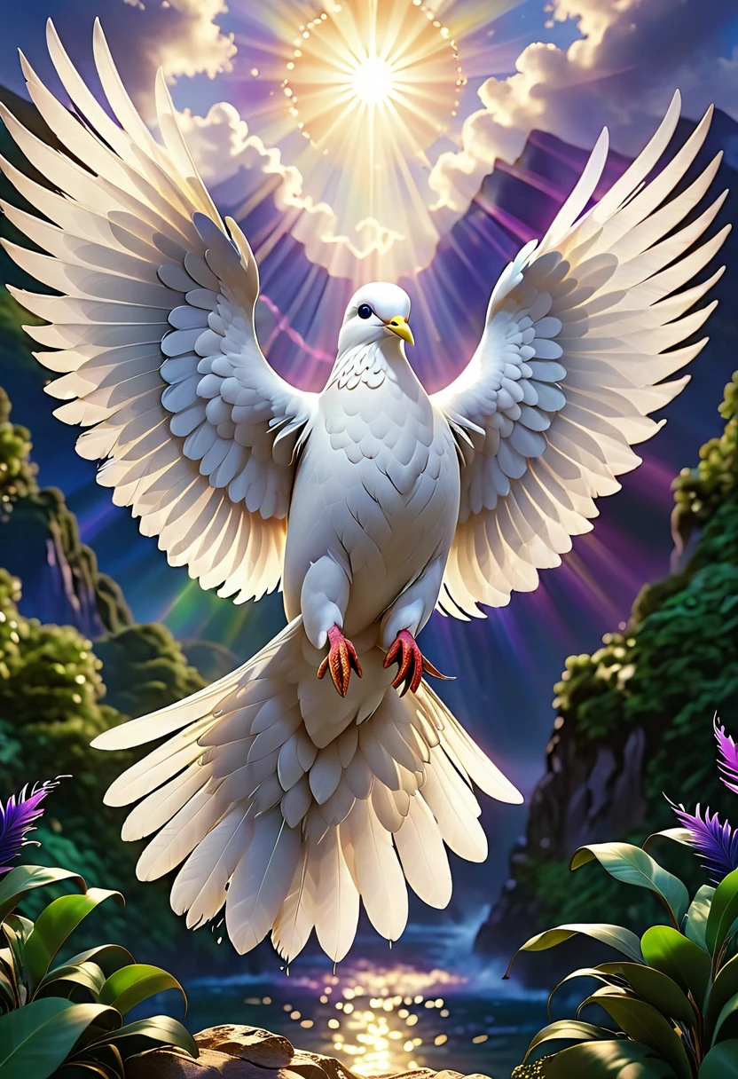 An awe-inspiring 3D rendering of a radiant white dove, its wings spread wide, revealing a stunning array of deep blue, purple, and green feathers that shimmer in the light. The dove emits a divine aura, and its eyes possess a gentle yet fierce wisdom. The background showcases a grand, cinematic landscape with towering mountains, lush greenery, and a golden sun breaking through the clouds, casting an ethereal glow on the surroundings. The overall atmosphere is breathtaking and powerful, evoking a sense of wonder and awe., cinematic, photo, 3d render, vibrant