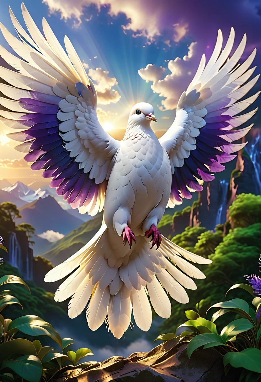 An awe-inspiring 3D rendering of a radiant white dove, its wings spread wide, revealing a stunning array of deep blue, purple, and green feathers that shimmer in the light. The dove emits a divine aura, and its eyes possess a gentle yet fierce wisdom. The background showcases a grand, cinematic landscape with towering mountains, lush greenery, and a golden sun breaking through the clouds, casting an ethereal glow on the surroundings. The overall atmosphere is breathtaking and powerful, evoking a sense of wonder and awe., cinematic, photo, 3d render, vibrant