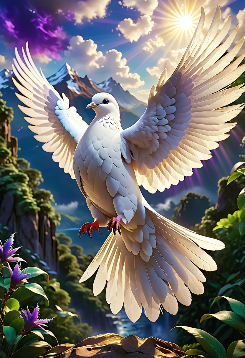 An awe-inspiring 3D rendering of a radiant white dove, its wings spread wide, revealing a stunning array of deep blue, purple, and green feathers that shimmer in the light. The dove emits a divine aura, and its eyes possess a gentle yet fierce wisdom. The background showcases a grand, cinematic landscape with towering mountains, lush greenery, and a golden sun breaking through the clouds, casting an ethereal glow on the surroundings. The overall atmosphere is breathtaking and powerful, evoking a sense of wonder and awe., cinematic, photo, 3d render, vibrant