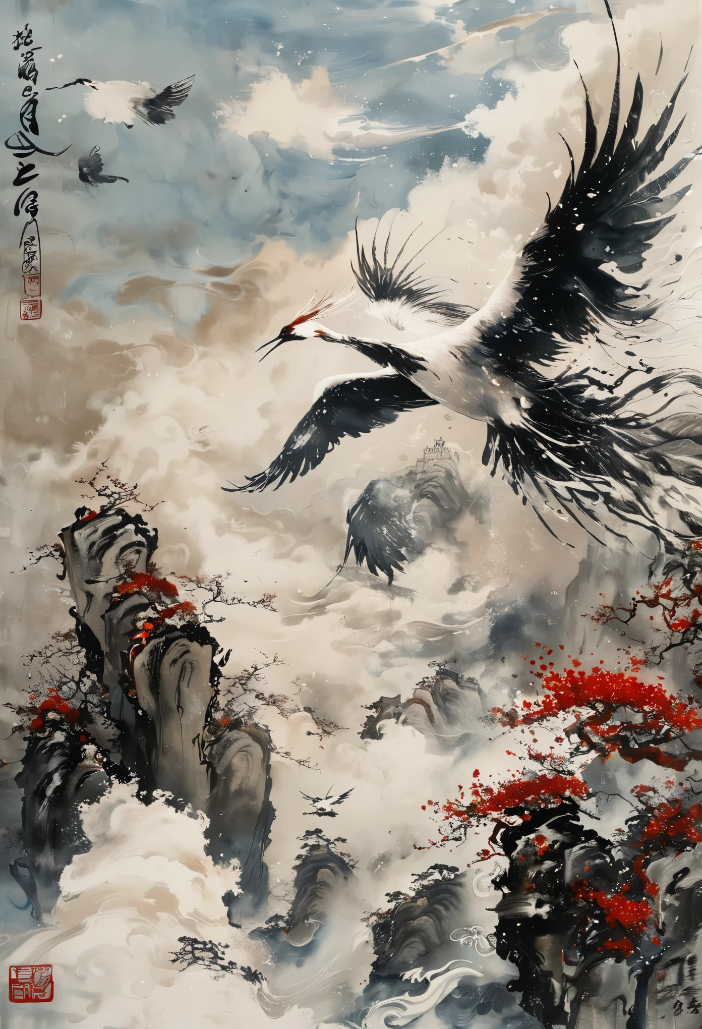 chinese ink, crene, cloud, wings, flying, outdoors, feathered wings, sky, petals,oil paint
