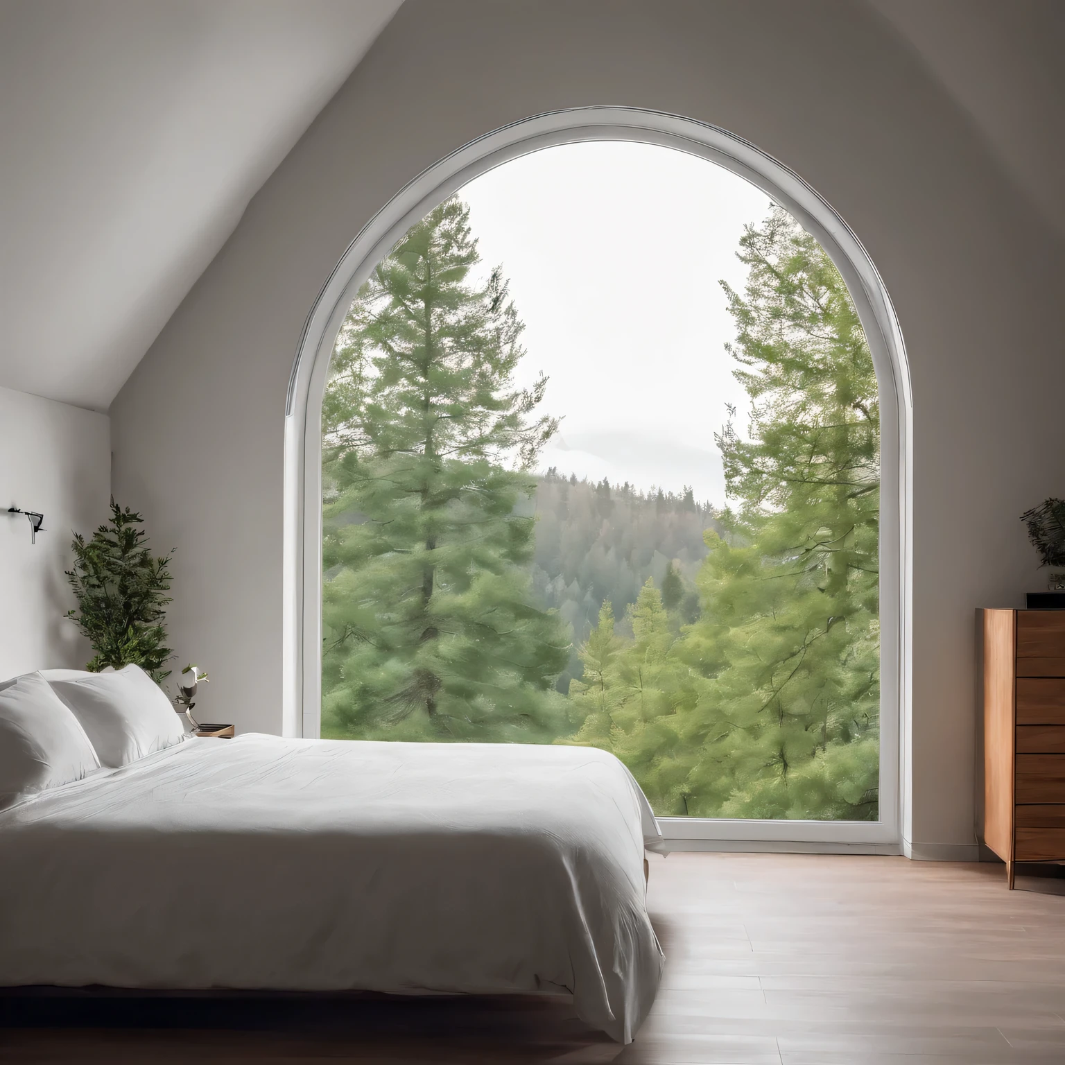 there is a bed with a white comforter and a window, a portrait inspired by Elsa Bleda, unsplash contest winner, romanticism, cozy treehouse bedroom, cozy room, cozy bed, large windows to forest at night, cozy place, cozy and calm, cozy atmospheric, cozy environment, cozy and peaceful atmosphere, lit windows, nestled in a forest, cozy wallpaper
