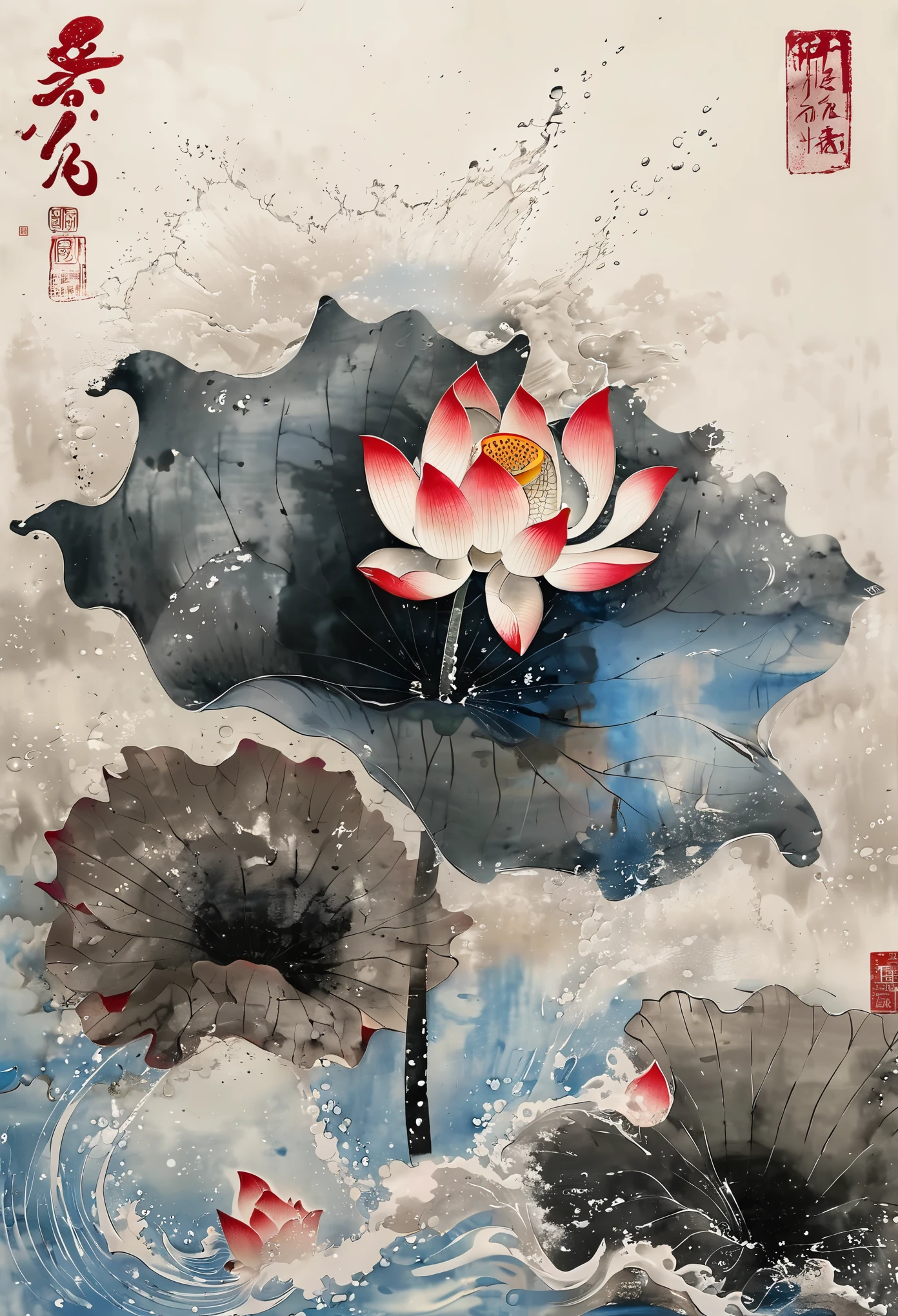 chinese ink, sky, Lotus leaf, water, lotus flower, chinese text