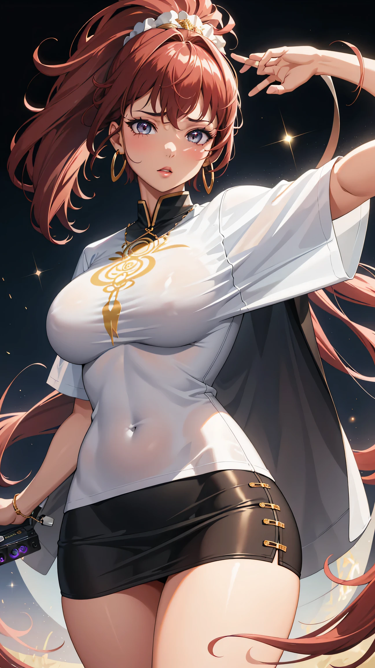 (best quality:1.5, highres, UHD, 4K, detailed lighting, shaders), white curly floral haired, gradient hair, large breasts, suit, T-shirt, social shirt, short skirt, mature woman , (pov), white background, colorful eyeshadow, dramatic lighting, sparkling eyes, sensual expression, golden earrings, flowing hair, delicate facial features, brown skin, high cheekbones, urban setting, black background, dont look for the camera, lean forward, behind the camera
