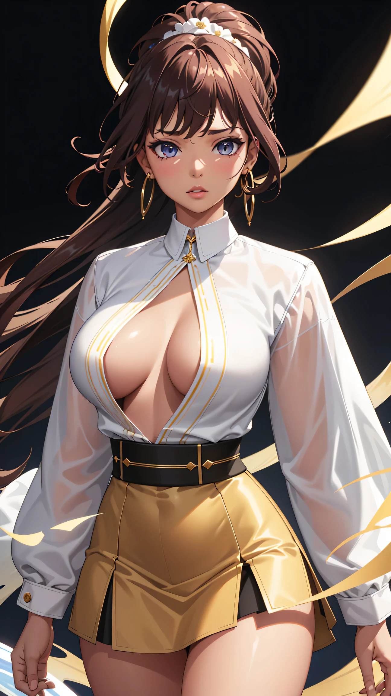 (best quality:1.5, highres, UHD, 4K, detailed lighting, shaders), white curly floral haired, gradient hair, large breasts, suit, T-shirt, social shirt, short skirt, mature woman , (pov), white background, colorful eyeshadow, dramatic lighting, sparkling eyes, sensual expression, golden earrings, flowing hair, delicate facial features, brown skin, high cheekbones, urban setting, black background, dont look for the camera, lean forward, behind the camera