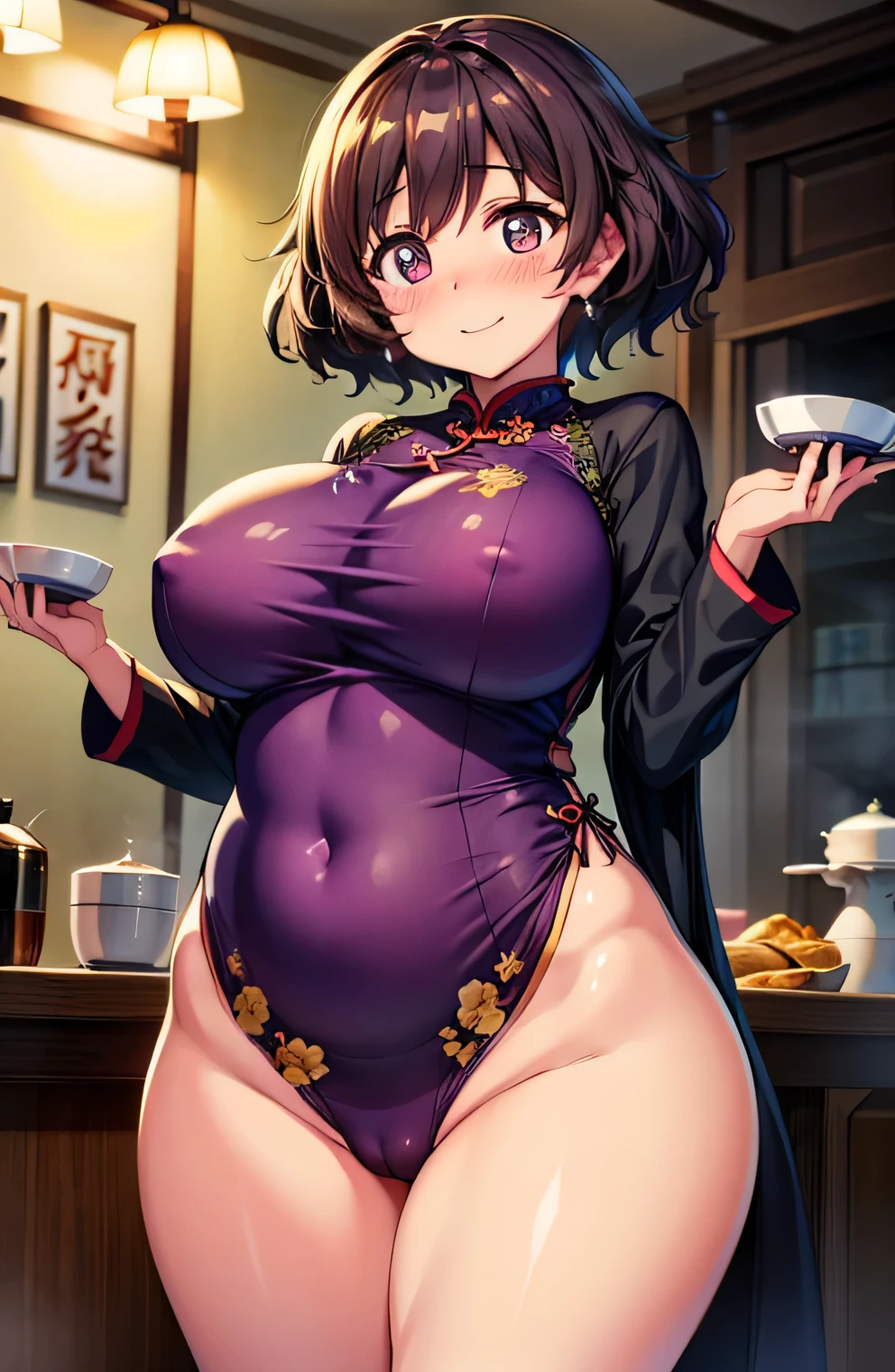 Anime illustration、highest quality、A short and plump gal、Luxurious atmosphere、Late Night、Chinese restaurant、Sexy purple cheongsam、Gold embroidery、Perfect proportions、overwhelmingly big breasts、Beautiful, shining eyes、Cowboy Shot、Blushed、smile