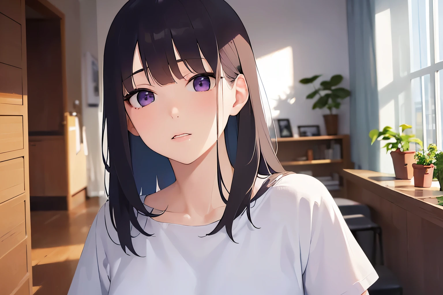 Upper Body, Realistic, real person, (pale skin: 1.2),  shiny skin, shiny hair、(A 25-year-old woman with straight hair and bangs) and (medium hair) and (black hair) and (purple eyes) , (white) and (T-shirt) 、sad, The background is the living room、Alone、Are standing