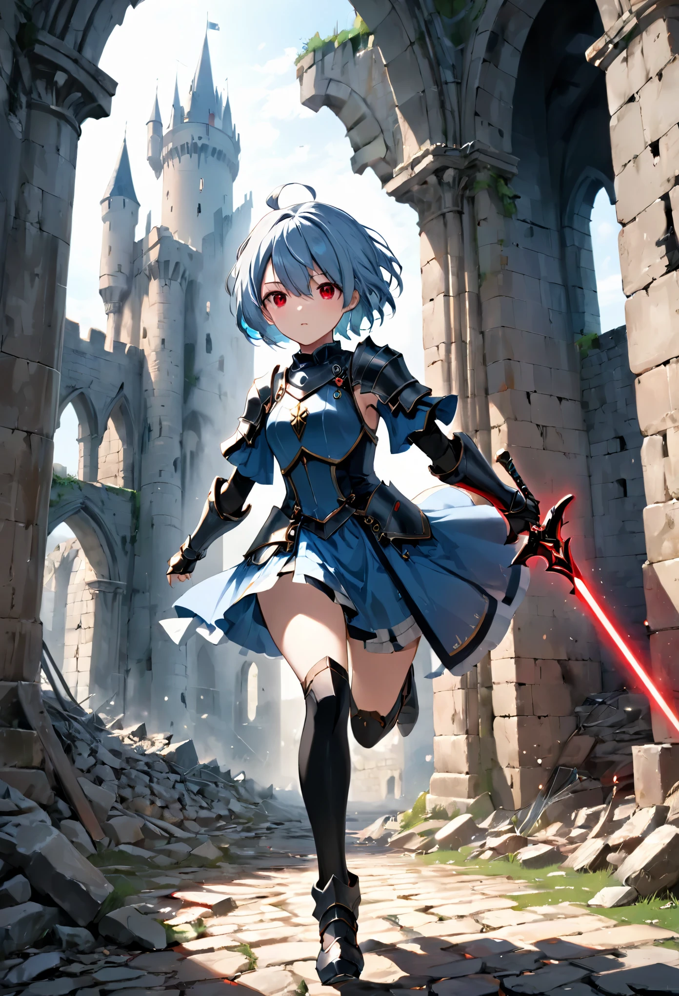 (8K, best quality, master piece: 1.2), super high resolution,Pastel,18 year old girl,ultra-detailed face, detailed eyes,armored dress knight,very short hair,light blue hair,spread arms, running,red eyes,full body,Worm’s Eye View,Ruined ruins of a castle