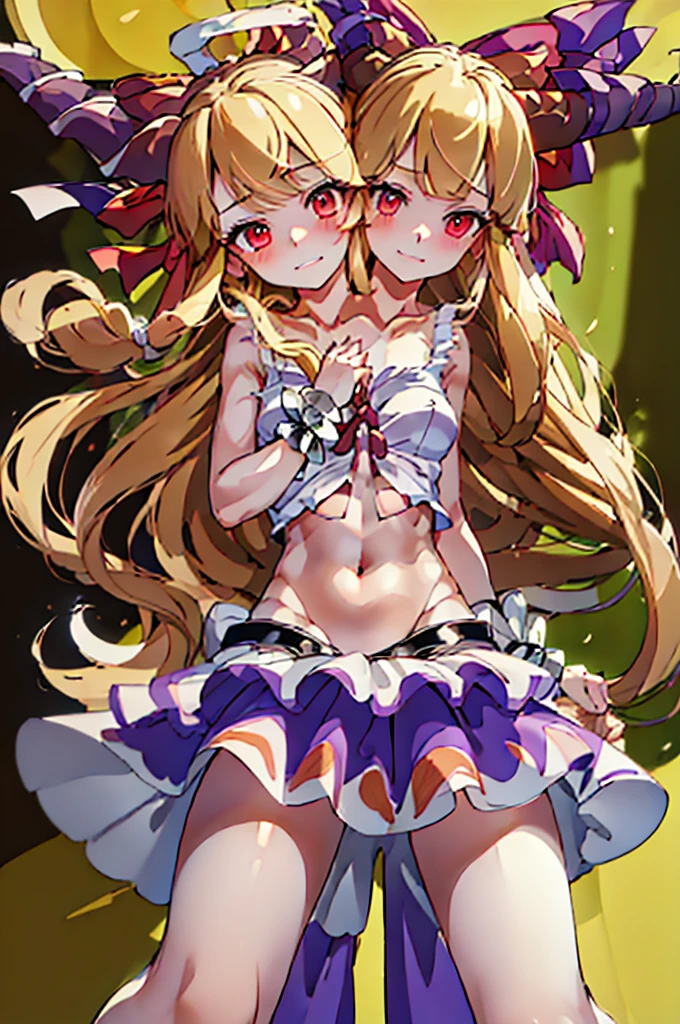 (masterpiece, best quality), best quality, (ultra-detailed), (3heads:1.5), 1girl, (suika ibuki:1.3), masterpiece, (best quality:1.5, highres, UHD), highres, absurdo, ultra detail, ultra quality, Ultra resolution, tattered pale pink top, crop top, ((stomach)), midriff, ((groin)), purple and pink skirt, normal ears, shackles, blonde hair, very long hair, wavy hair, sidelocks, red eyes, detailed eyes, parted lips, sweat, cute, toned belly, hand on own chest, eyelashes, (25 year old woman:1.3), (masterpiece:1.5), (best quality:1.5), (beautiful detailed), extremely detailed CG, extremely delicate and beautiful, depth of field, (finely detailed face), (perfect details:1.2), (mature female:1.3), wide pelvis, slender, large veiny breast, 16k resolution, very high quality, very high definition, extremely detailed, masterpiece, blonde hair, long hair, alluring presence, braid, short skirt, close up, big tits, young, two long straight oni horns on her head, decorated with ribbons, open belly, nsfw, midriff, girl with three heads,