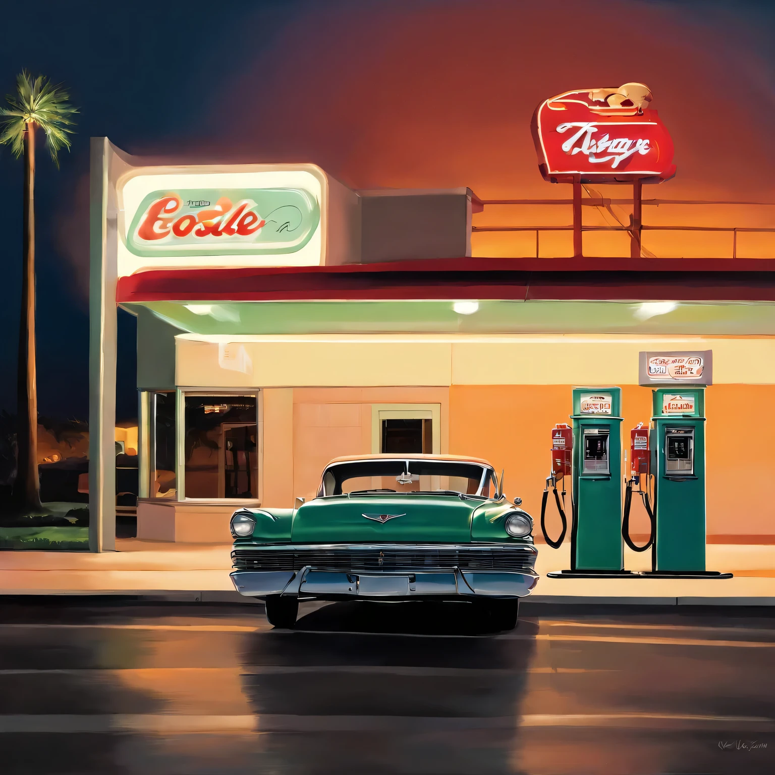painting of a classic car at a gas station at night, a photorealistic painting by Carl Eytel, tumblr, photorealism, ed hopper, neon version of style jim burns, kodakchrome : : 8 k, “gas station photography, kenton nelson, in style of joel meyerowitz, 1 9 5 0 s concept art, highly detailed hyper real retro