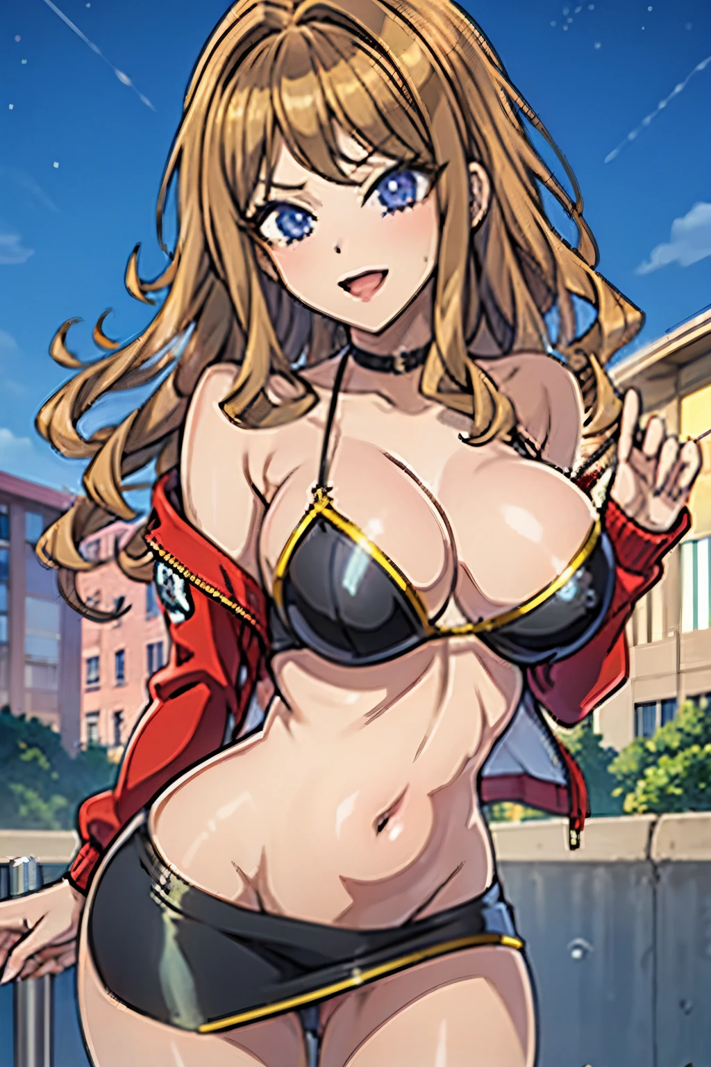 (masterpiece, best quality:1.2), 1girl, solo, suminoe shion, outdoors, rooftop, cityscape, building, railing, night, night sky, scenery, moon, city lights, blush, lipstick,masterpiece, best quality, highly detailed, a girls with a gun, open mouth, blazer, sexy gaze, (nsfw) not
safe for work, badass pose , evil smile, smile, black bra, anime girl with long hair, long haired girl,
navel, evil expression, exposed belly, exposed navel, exposed midriff, exposed lower belly, micro
miniskirt, micro pencil skirt, pencil skirt ,holding a gun, outdoor,street,road