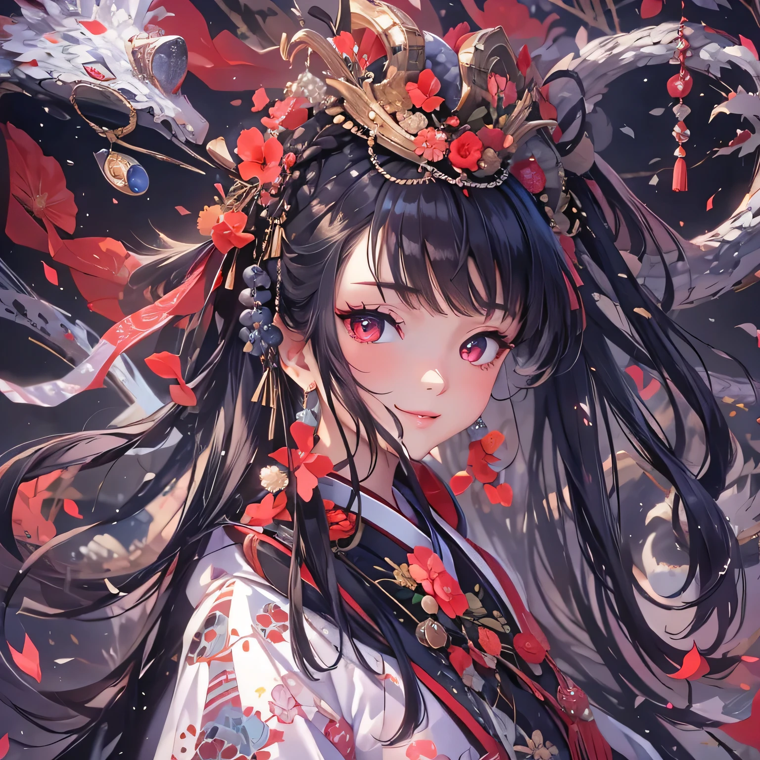(masterpiece), highest quality, Expressive eyes, Beautiful manga Japanese woman with perfect face, MangaKawaiiAnime, Beautiful Japanese Kimono, The kimono has dragon embroidery on it... Black and red clothing colors, Japanese women's long hair, Black hair color, Braided hairstyles, single eyelid, Beautiful silver eyes ,Hooded Eyestyle, Sensual, Sank, Fascinating and enigmatic., facial expressions smile., Beautiful photo situation.