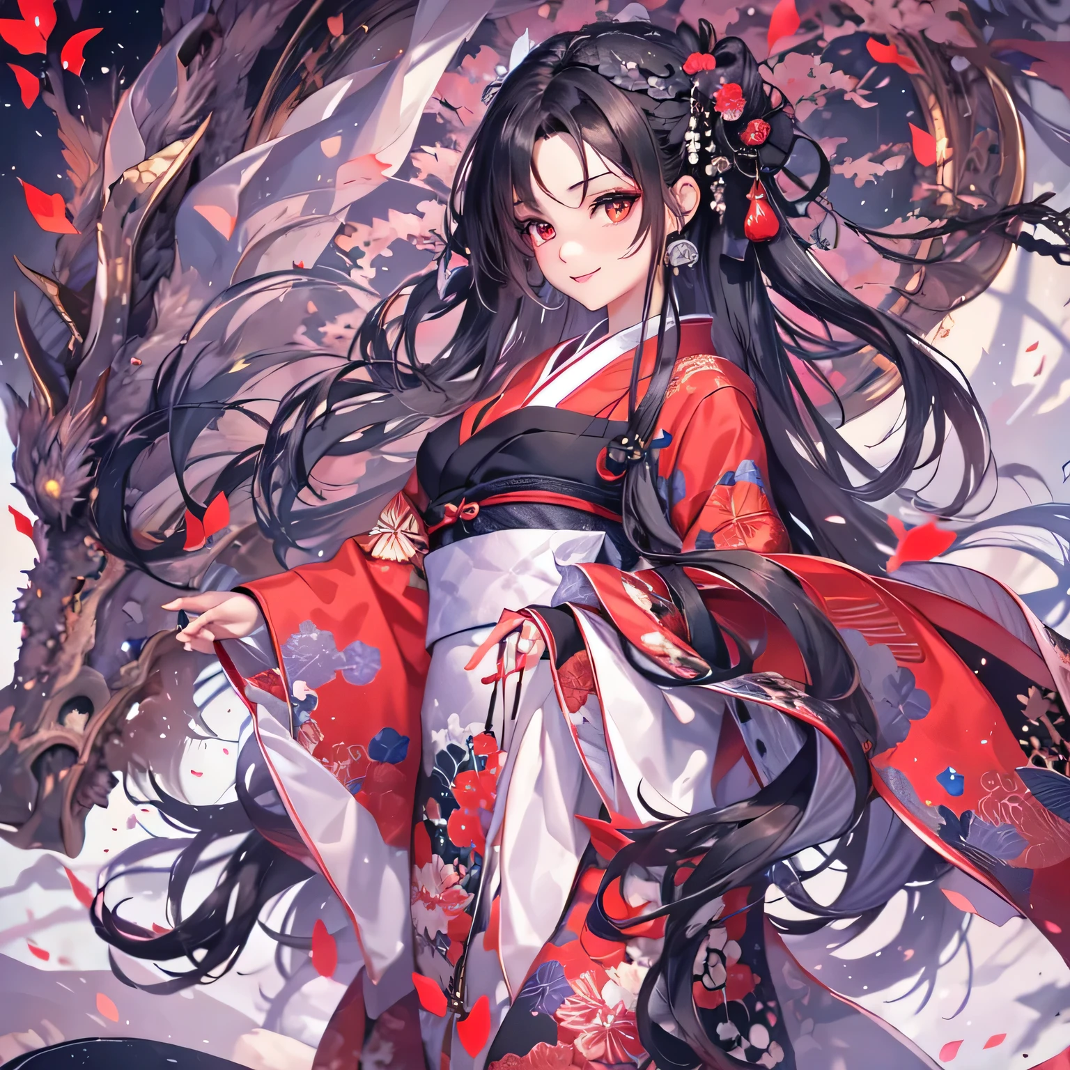 (masterpiece), highest quality, Expressive eyes, Beautiful manga Japanese woman with perfect face, MangaKawaiiAnime, Beautiful Japanese Kimono, The kimono has dragon embroidery on it... Black and red clothing colors, Japanese women's long hair, Black hair color, Braided hairstyles, single eyelid, Beautiful silver eyes ,Hooded Eyestyle, Sensual, Sank, Fascinating and enigmatic., facial expressions smile., Beautiful photo situation.