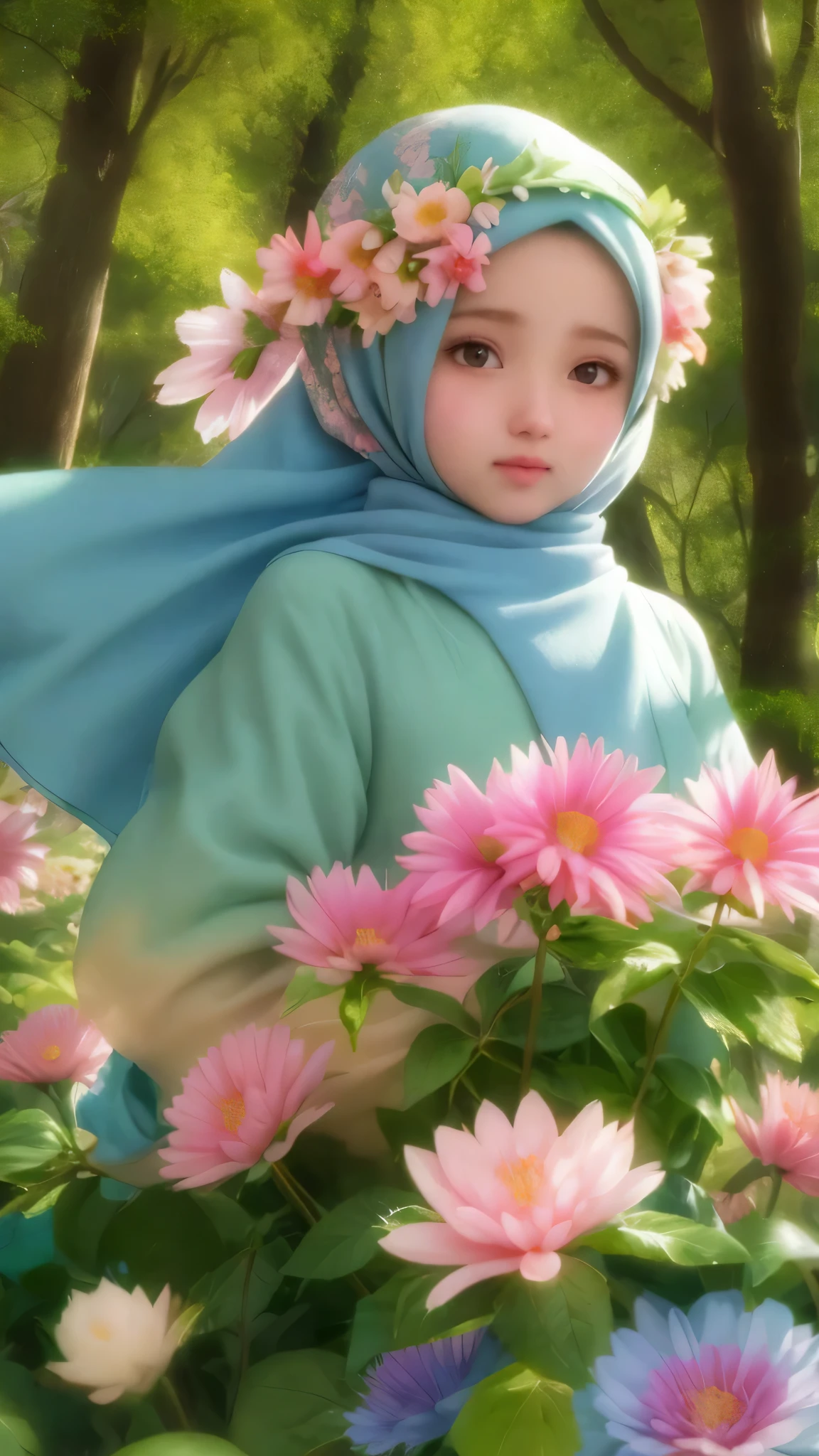18 yo girl in a forest with floating flowers, river, puffy, puffy cheeks, cute,
vibrant colors, colorful art style,
soft lighting, soft shadows, detailed textures, dynamic lighting,
nice hands, perfect hands, muslim, pray, hijab