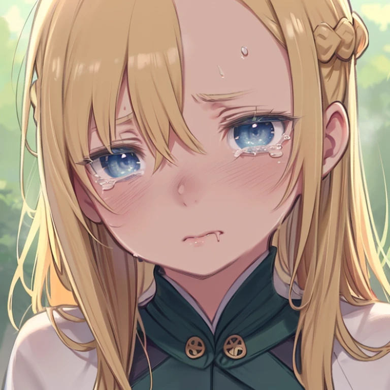 masterpiece,highest quality,High resolution,Very detailed、Close-up of face、Mature Woman、(mint, blue eyes, braid, green uniform, long sleeves、Long blonde、Hair between the eyes)、clavicle、Troubled face、Are crying、(((tears、Saliva、snot、Sweat)))、(((Mouth wide open)))