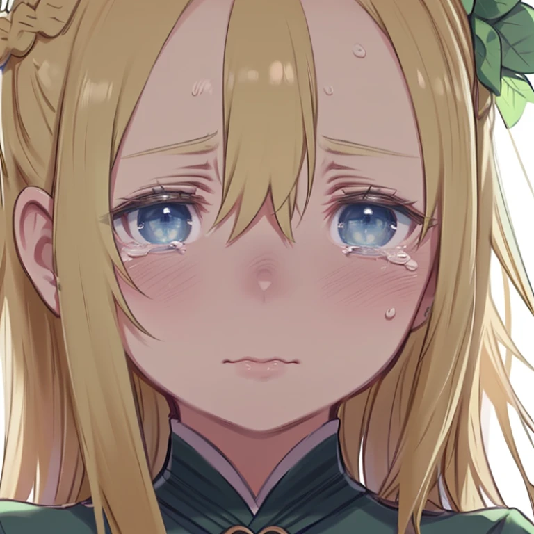 masterpiece,highest quality,High resolution,Very detailed、Close-up of face、Mature Woman、(mint, blue eyes, braid, green uniform, long sleeves、Long blonde、Hair between the eyes)、clavicle、Troubled face、Are crying、(((tears、Saliva、snot、Sweat)))、(((Mouth wide open)))