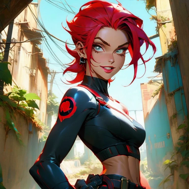 ((( corpo inteiro )))Batgirl hair red, arma gigante, master part, best quality, super detalhe, 8k, mulher linda, Tank Girl com cara de maluca, sorriso malicioso , (((corpo inteiro))), cabelo moicano, garota punk, post-apocalyptic world, (( do tanque )), Nijistyle, roupas rasgadas e sujas, moicano curto, sides of shaved head, rosto limpo, corpo inteiro