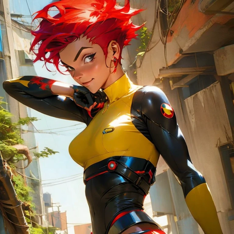 ((( corpo inteiro )))Batgirl hair red, arma gigante, master part, best quality, super detalhe, 8k, mulher linda, Tank Girl com cara de maluca, sorriso malicioso , (((corpo inteiro))), cabelo moicano, garota punk, post-apocalyptic world, ((  do tanque )), Nijistyle, roupas rasgadas e sujas, moicano curto, sides of shaved head, rosto limpo, corpo inteiro