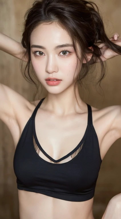 ((Best quality, 8k, Masterpiece :1.3)), 1girl, glamorous body Pretty woman with emphasizing slender abs :1.3, (random hairstyles :1.2), Oversized tank top :1.2, Ultra-detailed face, Detailed eyes, Double eyelid, armpit
