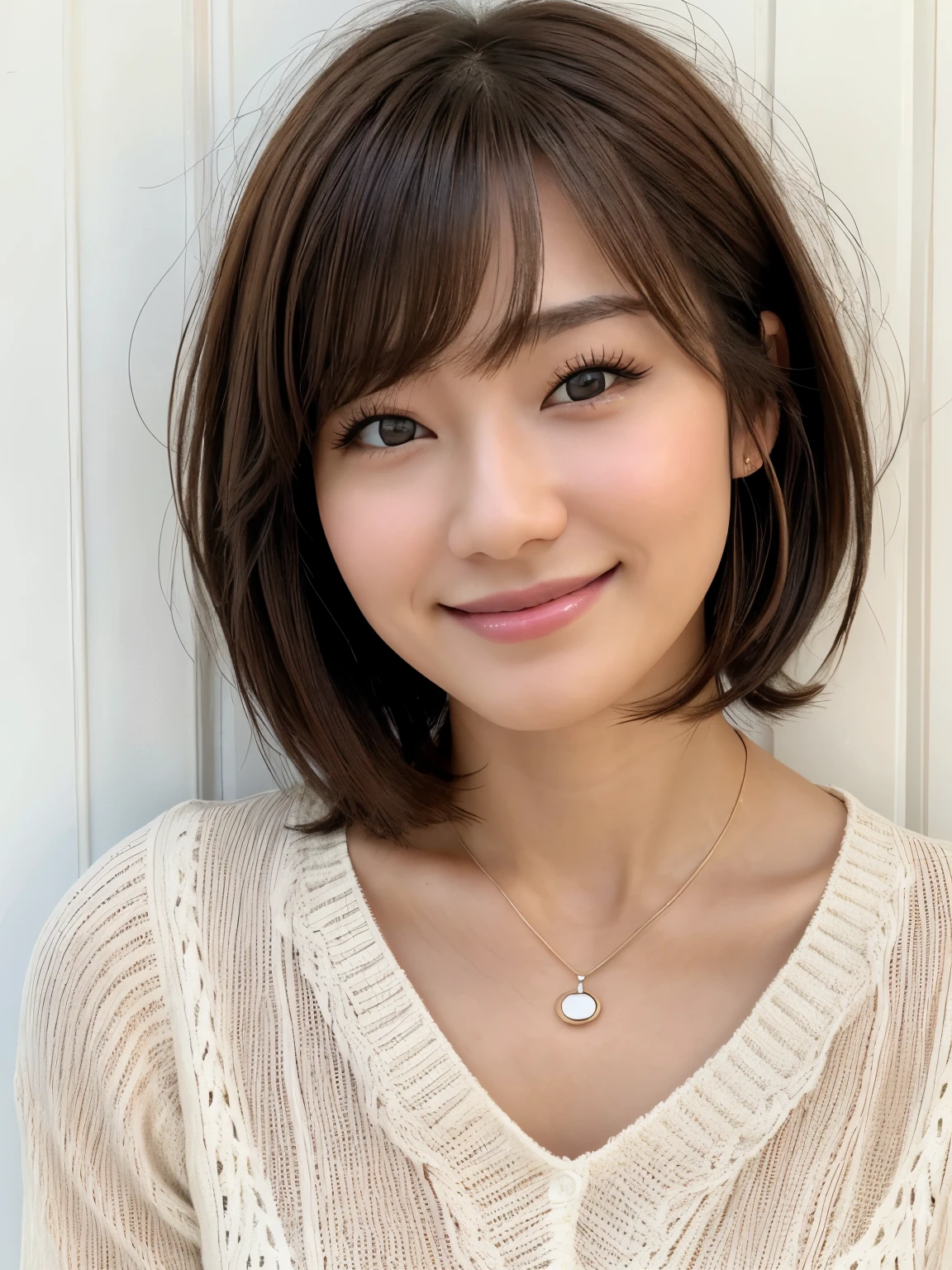 highest quality,40-year-old woman,huge ,Very short hair,Muscular,Beautiful Face,Narrow eyes,Thick lips,light makeup,Blusher,Realistic wrinkles,Tabletop、White wall、Taken in front of a white door、おしゃれなSpring Clothes、(8k、Live Shooting、highest quality、masterpiece:1.2)、High-quality RAW color photos、Professional photos、(Genuine、フォトGenuine:1.37)、Photographed in natural light、1 girl、怠惰なsmile、(Various poses)、Spring Clothes、Simple Necklace、Don'Don't look at the camera、Shortcuts、((Brown Hair))、short hair、The eye color is dark brown、Correct hand of human body、Look Down、Fluffy hair、smile
