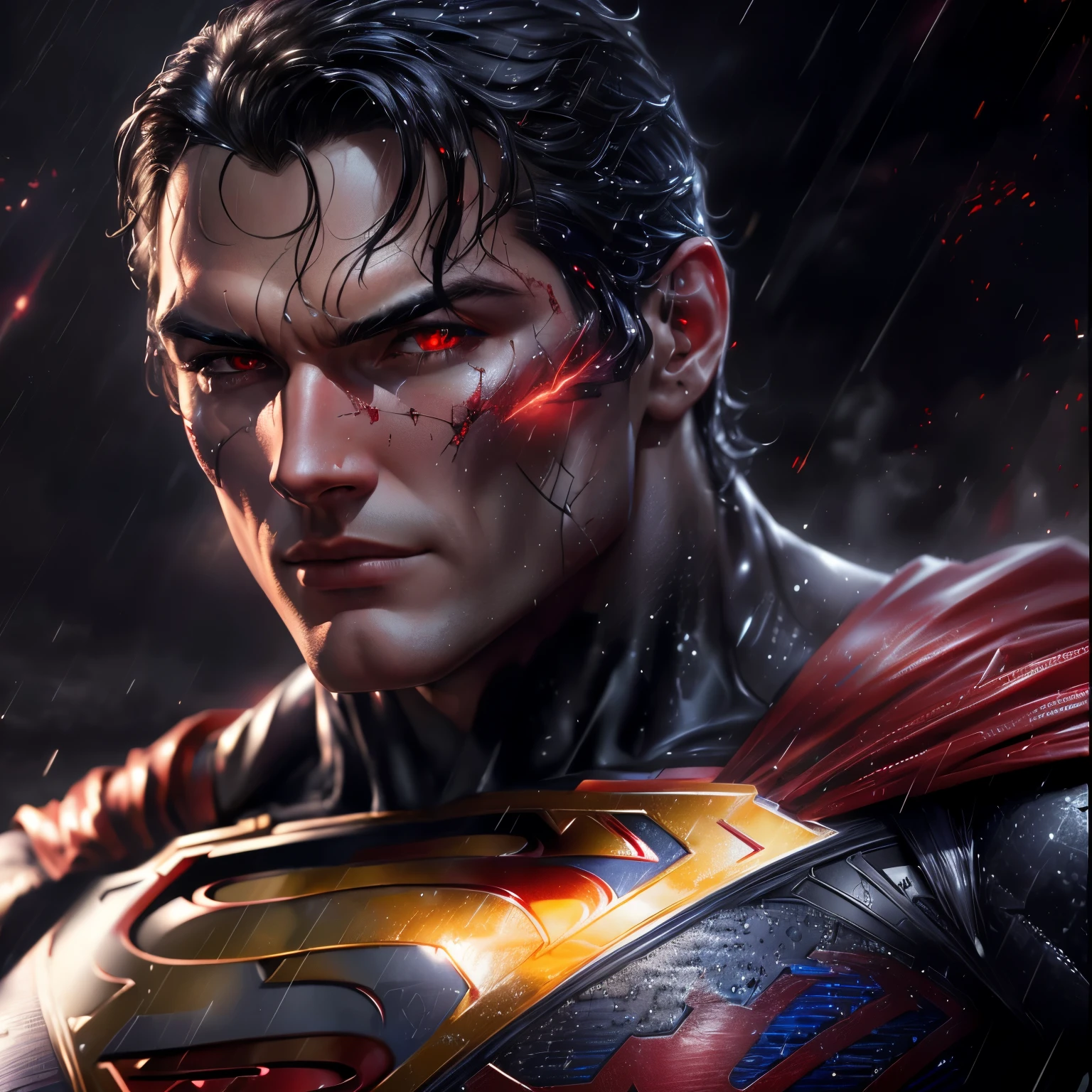superman in the rain, superman, red eyes, 8k render”, ultra-high detail digital art, 4k, no text, fan art,, -- ar, Ultra Full HD, rgb