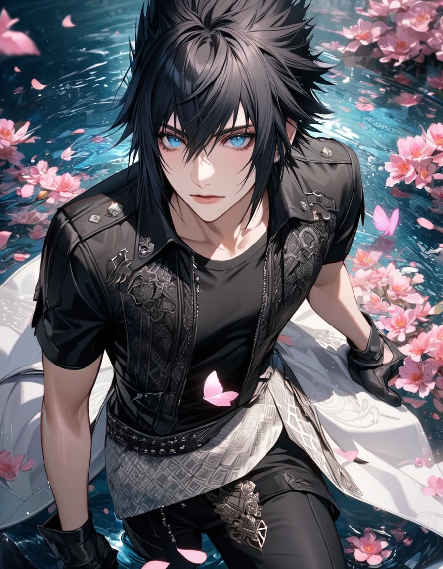 Ultra detailed, Highres, absurdres, Noctis Lucis Caelum, black hair, blue eyes, Final Fantasy XV, white long coat with patterns, pink flowers, petals, extremely handsome, sexy man, solo, very detailed eyes and face, black gloves, water, pink butterflies, black tight t-shirt, black pants