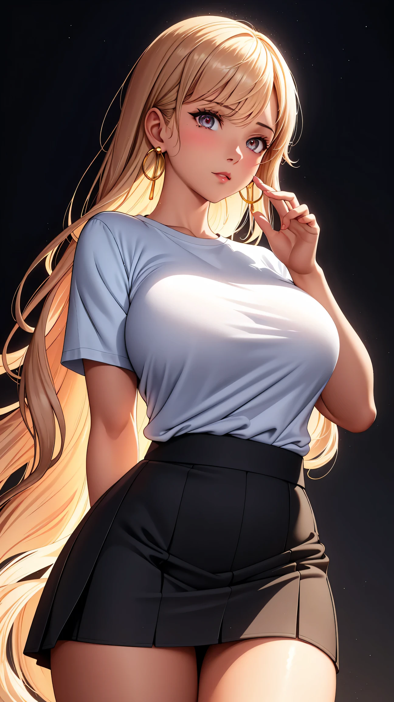 (best quality:1.5, highres, UHD, 4K, detailed lighting, shaders), white curly floral haired, gradient hair, large breasts, suit, T-shirt, social shirt, short skirt, mature woman , (pov), white background, colorful eyeshadow, dramatic lighting, sparkling eyes, sensual expression, golden earrings, flowing hair, delicate facial features, brown skin, high cheekbones, urban setting, black background, dont look for the camera, lean forward,  behind  the camera