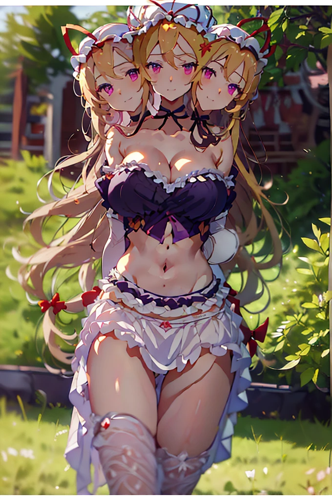 (masterpiece, best quality), best quality, (ultra-detailed), (3heads:1.5), 1girl, (3heads:1.5), 1girl, (yakumo yukari:1.3), masterpiece, best quality, ultra quality, ultra resolution, ultra detail, purple top, crop top, ((stomach)), midriff, ((groin)), purple skirt, frilled skirt, normal ears, shackles, blonde hair, very long hair, wavy hair, sidelocks, purple eyes, parted lips, single horn, sweat, cute, toned belly, hand on own chest, eyelashes, (24 year old woman:1.3), (masterpiece:1.5), (best quality:1.5), (beautiful detailed), extremely detailed CG, extremely delicate and beautiful, depth of field, (finely detailed face), (perfect details:1.2), (mature female:1.3), wide pelvis, slender, large veiny breast, 16k resolution, highres, high quality, high definition, extremely detailed, masterpiece, best quality, blonde hair, long hair, alluring presence, braid, short skirt, close up, big tits, young, frills, hat, hat ribbon, midriff, nsfw,