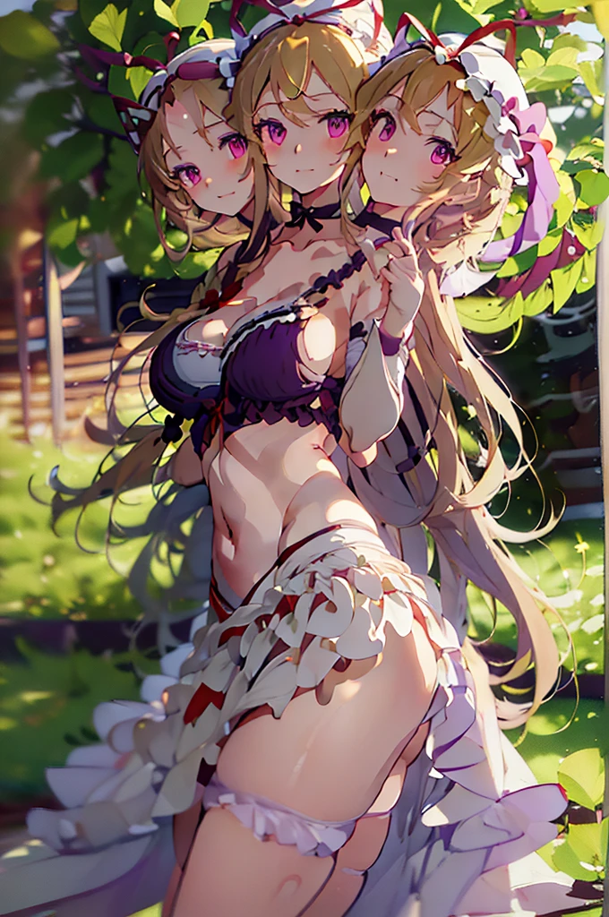 (masterpiece, best quality), best quality, (ultra-detailed), (3heads:1.5), 1girl, (3heads:1.5), 1girl, (yakumo yukari:1.3), masterpiece, best quality, ultra quality, ultra resolution, ultra detail, purple top, crop top, ((stomach)), midriff, ((groin)), purple skirt, frilled skirt, normal ears, shackles, blonde hair, very long hair, wavy hair, sidelocks, purple eyes, parted lips, single horn, sweat, cute, toned belly, hand on own chest, eyelashes, (24 year old woman:1.3), (masterpiece:1.5), (best quality:1.5), (beautiful detailed), extremely detailed CG, extremely delicate and beautiful, depth of field, (finely detailed face), (perfect details:1.2), (mature female:1.3), wide pelvis, slender, large veiny breast, 16k resolution, highres, high quality, high definition, extremely detailed, masterpiece, best quality, blonde hair, long hair, alluring presence, braid, short skirt, close up, big tits, young, frills, hat, hat ribbon, midriff, nsfw,