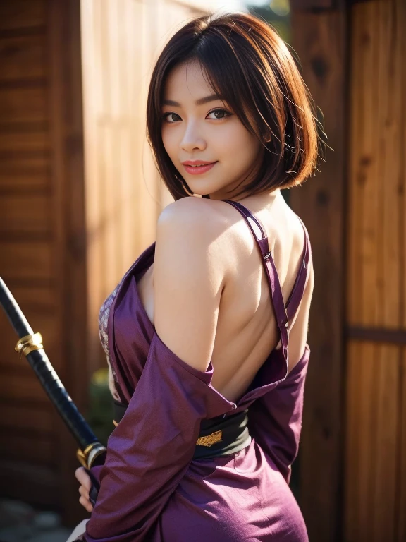 ((Best Quality)), ((Excellent)), (Details), Female ninja looking back, medium bob, natural brown hair, light makeup, holding a katana, dark padded ninja costume, black and purple, smiling, looking at camera