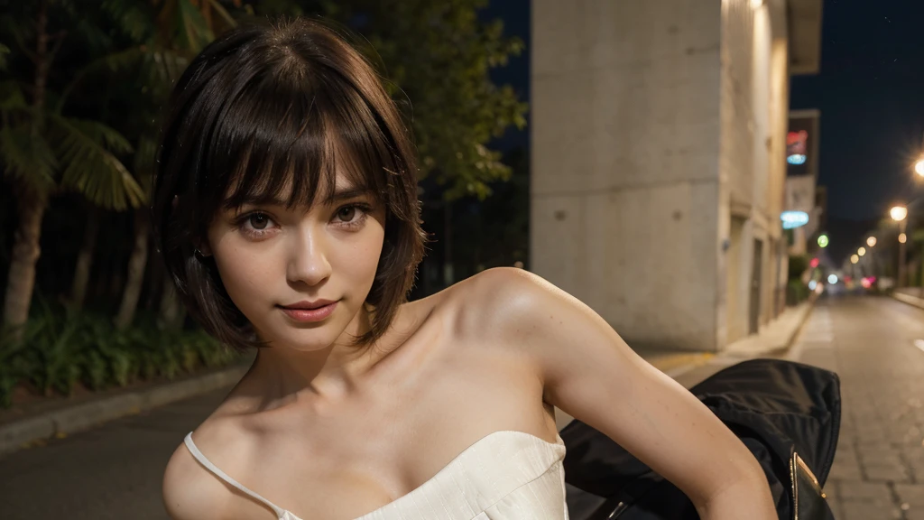 A cute girl, perfect face, beautiful 30 years old woman,30 years old woman, skinny body, slim body, white skin, masterpiece, textured skin, super detail, high details, high quality, 8k, nice pose, road night background, dark shadow, less light, nature light, side lighting to face, dress, cute lips, small and cutest lips, at night, bangs hair style, style dress,smlie, night time.