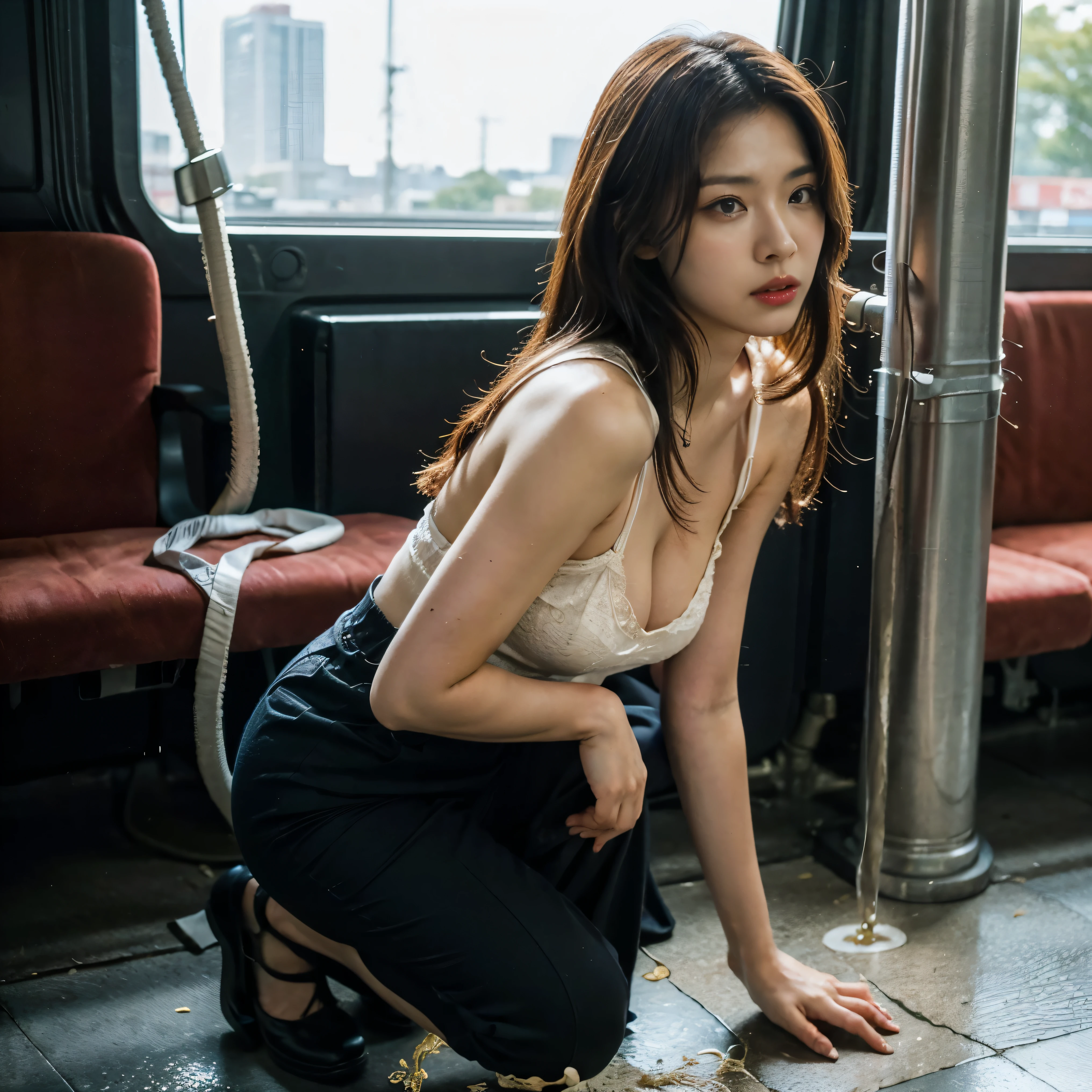 A young and beautiful woman、(((I can't hold my urine:1.7)))、(Anguished expression)、(Legs wide open)、(Take the train)、Detailed eyes and lips、Long eyelashes、Restless posture、Flowing Hair、Stylish clothes、Tense lighting、Realistic portraits、Bright colors、High resolution、Professional photos、Classic beauty、Modern style、Urgent tones、woman, huge breasts, (best quality,4k,8k,highres,masterpiece:1.2), ultra-detailed, (realistic,photorealistic,photo-realistic:1.37), HDR, UHD, studio lighting, ultra-fine painting, sharp focus, physically-based rendering, extreme detail description, professional, vivid colors, bokeh, portraits, (sensual, warm) color palette, (soft, moody) lighting