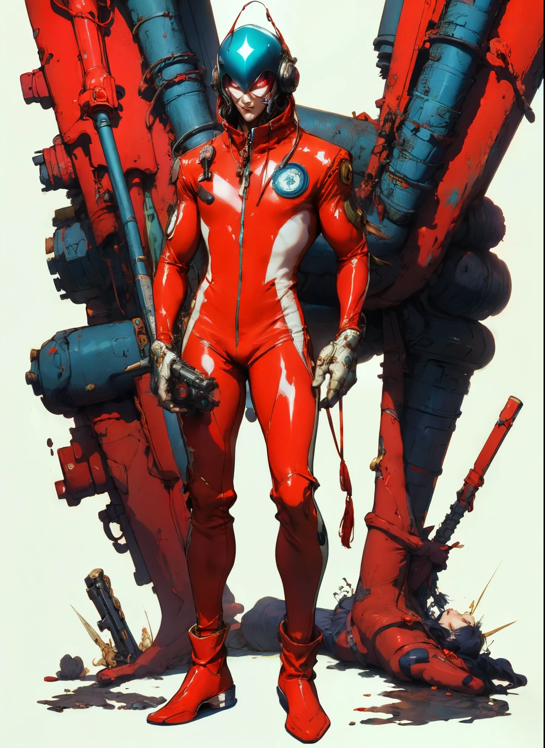 perfect proportions, anatomically correct, (head to toe: 2.0), (full body image: 2.0), solo, (Casshern: 1.6), extremely stylized, deviant art, masterpiece, highly detailed, detailed eyes, expressive detailed eyes, detailed pupils, futuristic, ((1950s scifi helmet)), ((pointy helmet)), Rubber Gloss, (red flightsuit:1.4), white boots, entire body image, full body shot, nvinkpunk, professional photograph of alexander_skarsgard, tassles, large beads, large tassels, navy blue and white, cyberpunk, inkpunk, paint platter, ink splatter, (action pose:1.0), ((holding a vintage lazer pistol))
