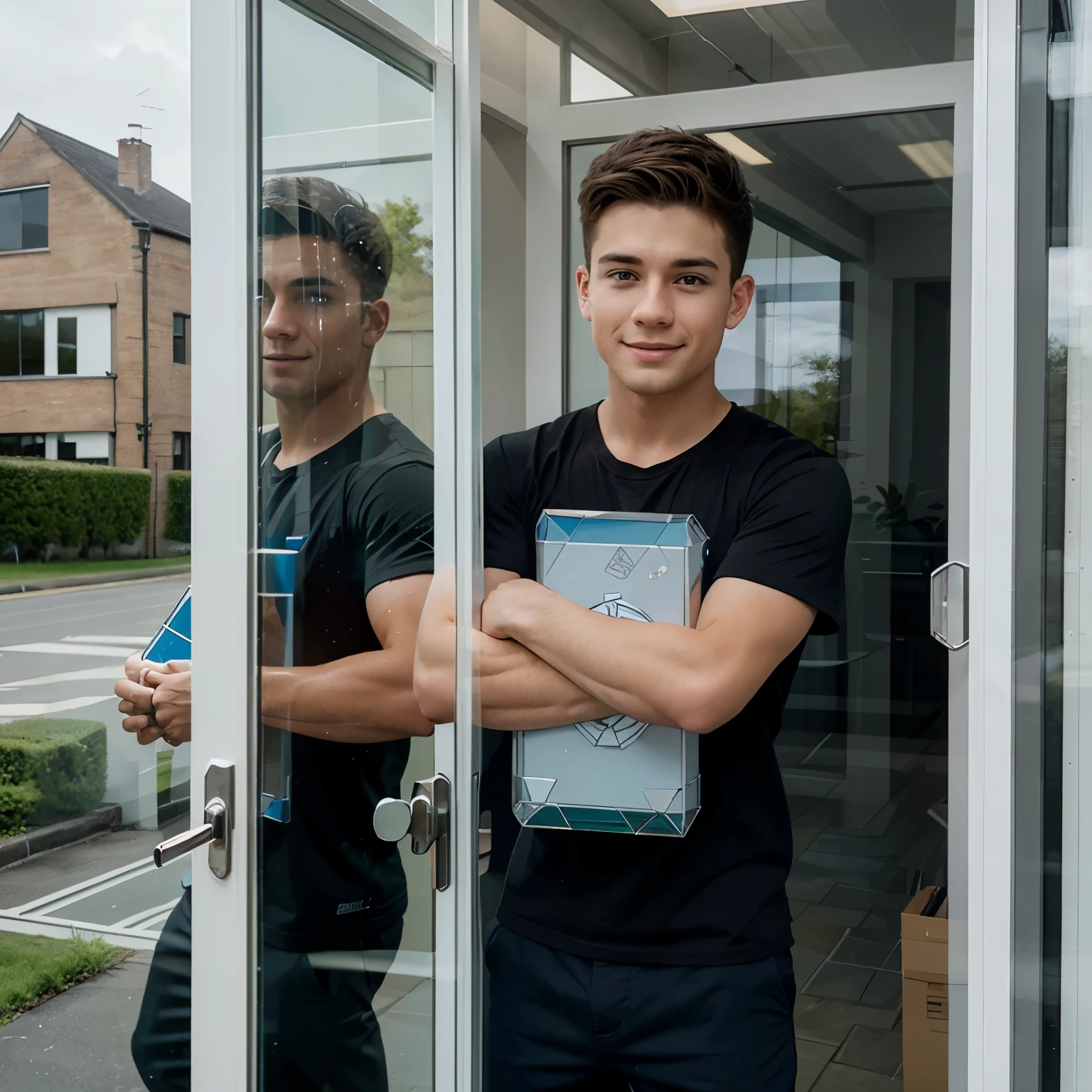 Image of a cartoon boy being a poster boy for a glass company called crystal glass to install box windows and doors