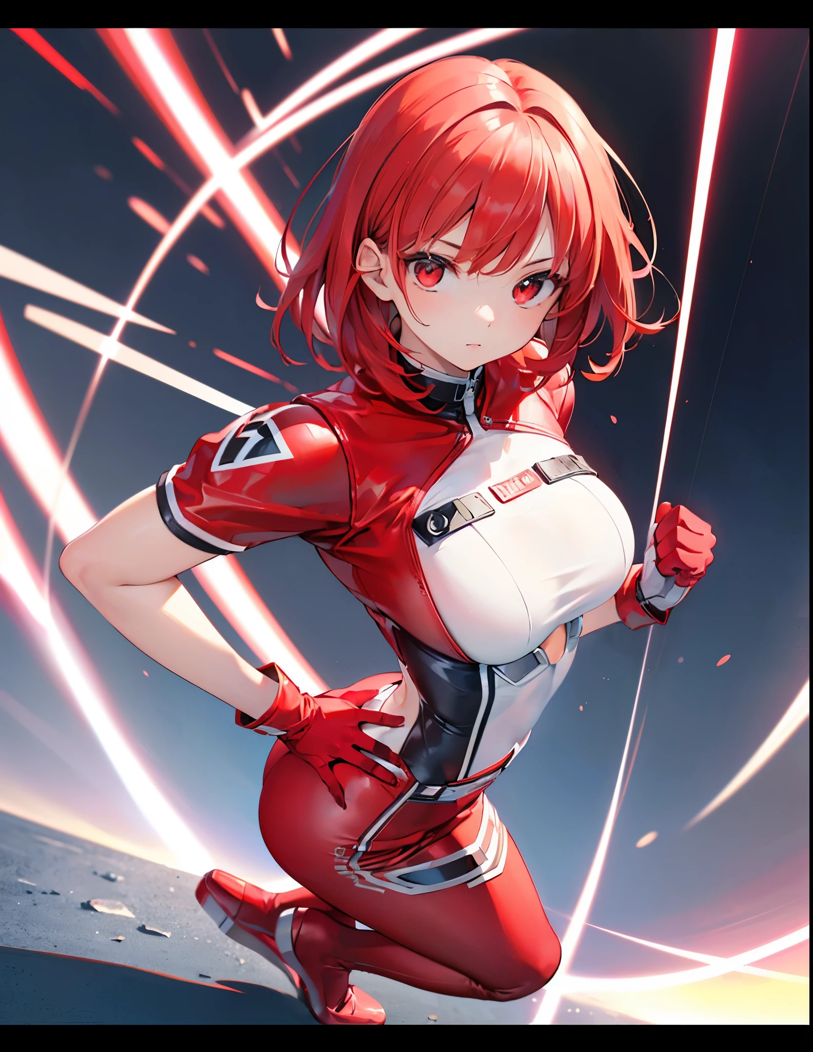 Realistic,highest quality, Ultra Detail, High-quality CG rendering, The most delicate and beautiful, Floating softly, High resolution, (1 girl), (Highest quality,4K,8K,masterpiece:1.2),(All red hair:1.5), (Medium Hair:1.5),(Red eyes:1.5), (Ultra Girl:1.0), (Bright red Ultraman bodysuit:1.4),(Slightly larger breasts:1.5),Upper Body,(Clenched Fist:1.2),(Place your hands on your hips:1.2), (Red gloves:1.3),(Red Shoes:1.3),(Turn your back to your audience:1.3)