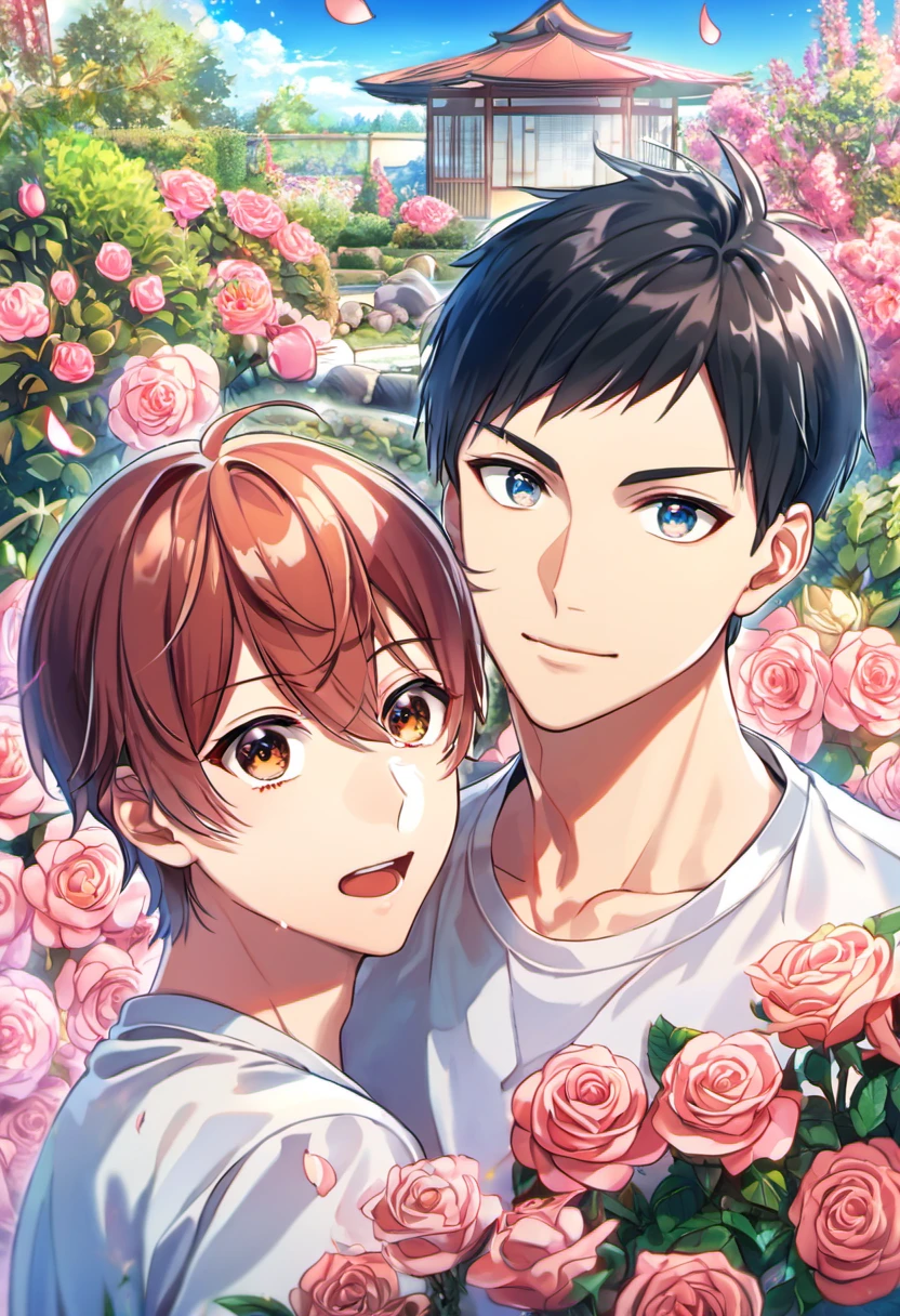 absurdres, highres, ultra detailed, HDR, masterpiece, extremely detailed face and eyes, perfect face, beautiful eyes, delicate features, Uenoyama Ritsuka, black hair, expressive blue eyes, Given, Sato Mafuyu, pink-brown hair, expressive brown eyes, two men together, gay couple, handsome, garden, pink roses, blossoms, petals, in woderland