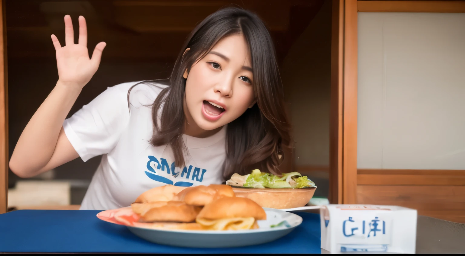 8k, RAW photo, best quality, masterpiece, realistic, photo-realistic, clear, professional lighting, beautiful face, best quality,ultra high res, (((View from the front))), There's a lot of food out front, Fat Japanese woman surprised at food, Wearing a T-shirt、Surprised expression, (((face down))), (((Lower your hands)))
