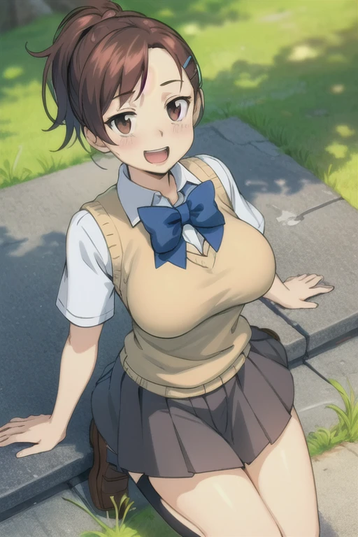 portrait, sharp focus, soft lighting,  (highly detailed face), (highly detailed eyes), illustration, depth of field, haru1,  full body, outdoors, school, 1girl,solo,looking at viewer, blush, smile, ((large breast)), open mouth ,bangs, brown hair, shirt, hair ornament, bow,  brown eyes,  ,,white shirt ,ponytail ,short sleeves, :d,  hairclip, collared shirt, bowtie ,kneehighs, blue bow, ,black socks, ,grey skirt, brown shoes, loafers,, sweater vest.