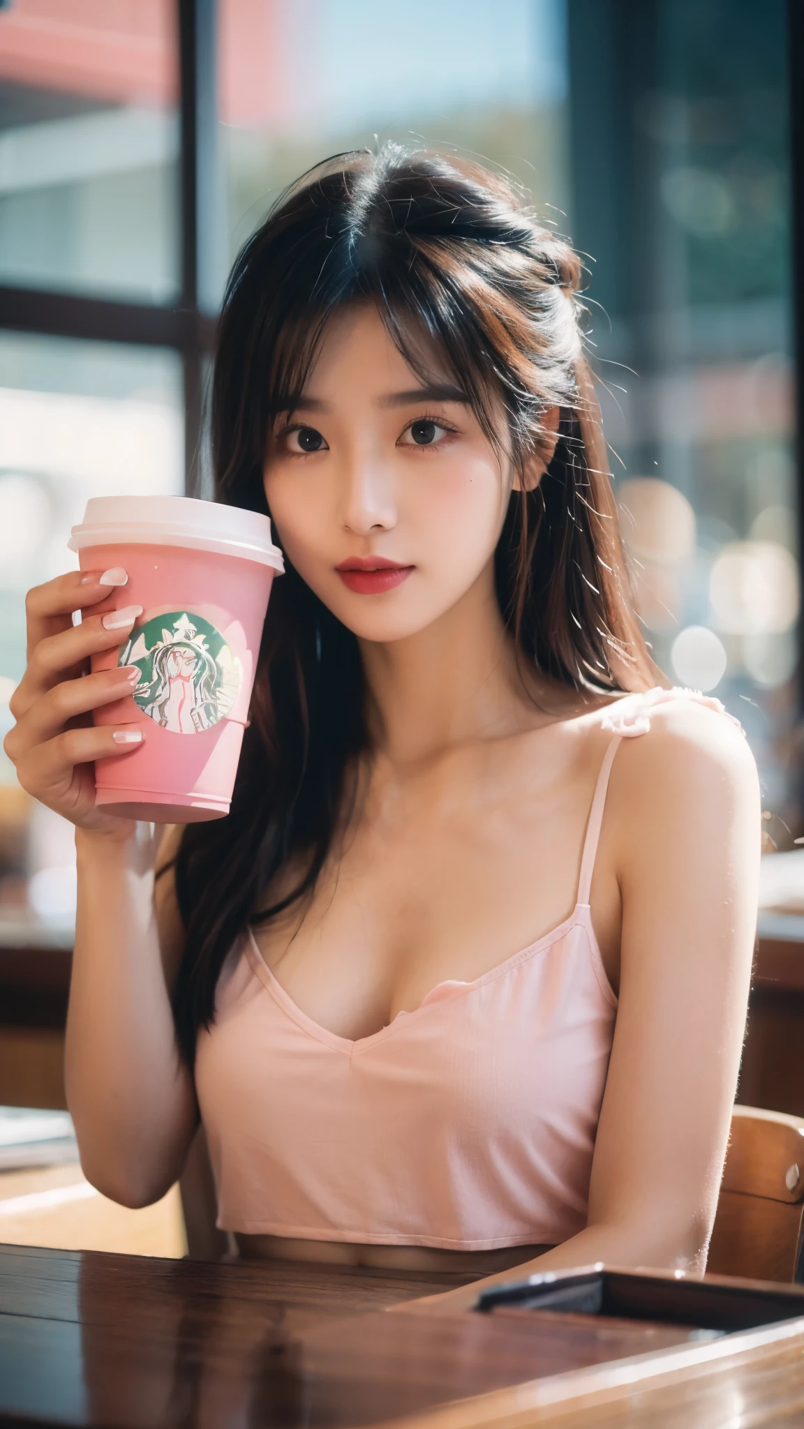 Exquisite lighting, focusing on stacks, surreal, 8K, black lining, navel, long eyelashes, pink blush and black lipstick, arched eyebrows, leather perforation, diaphragm, large pink holes, big pink pink pink pink pink Color color, large pink, large pink -colored holes, long black pink nails, ((holding Starbucks cup)), tattoos, neck, winter background, scattered scenery, soft focus, soft focus, soft focus, soft focus, soft focus, soft focus,