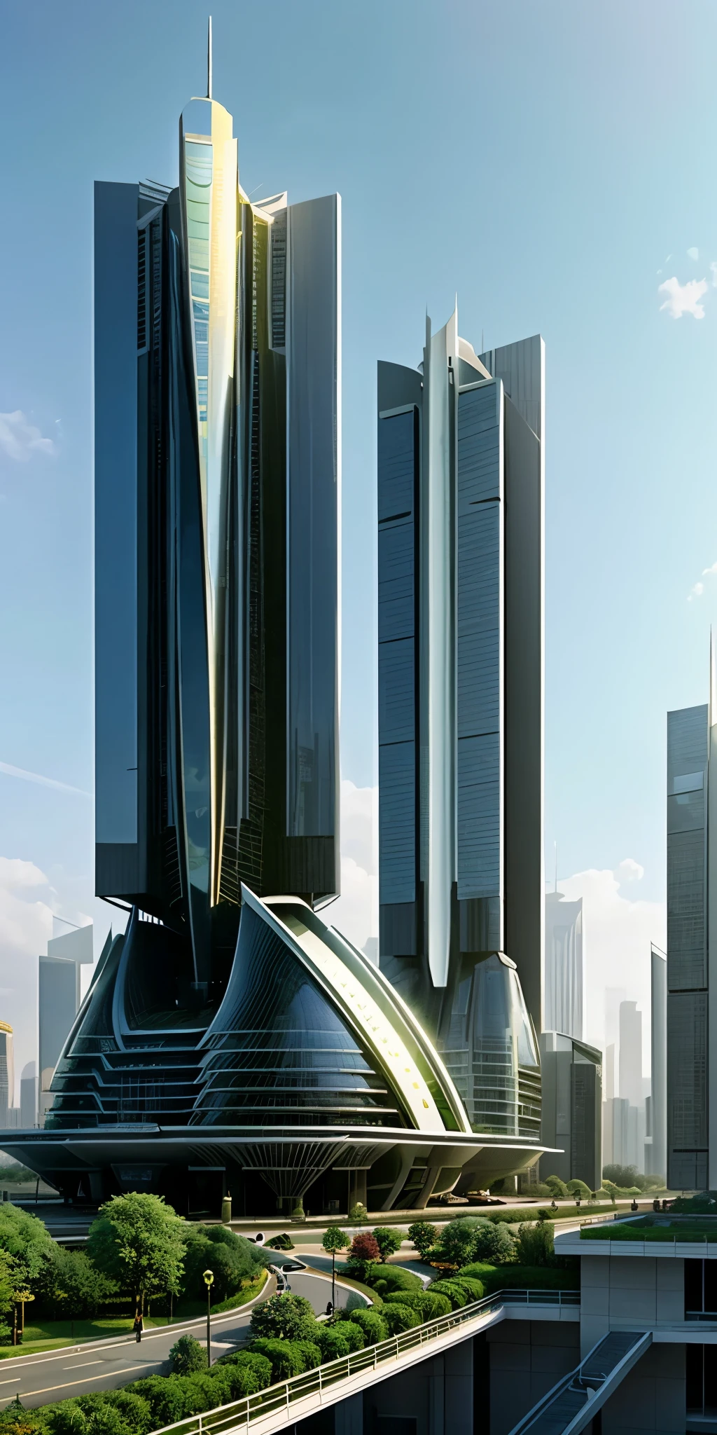 A tall building in a futuristic city designed by Zaha Hadid, a futuristic building, a modern building, sidewalks around the building, imagination, a fusion between the future and the past, hanging gardens, the hanging gardens of Babylon, sustainability, future technology, Very tall building,  architectural creativity, new culture, self-sufficiency, the golden ratio, a beautiful building in the middle of the image, a blurry background, one building, spread, natural colors, calm colors, masterpiece, art, better resolution