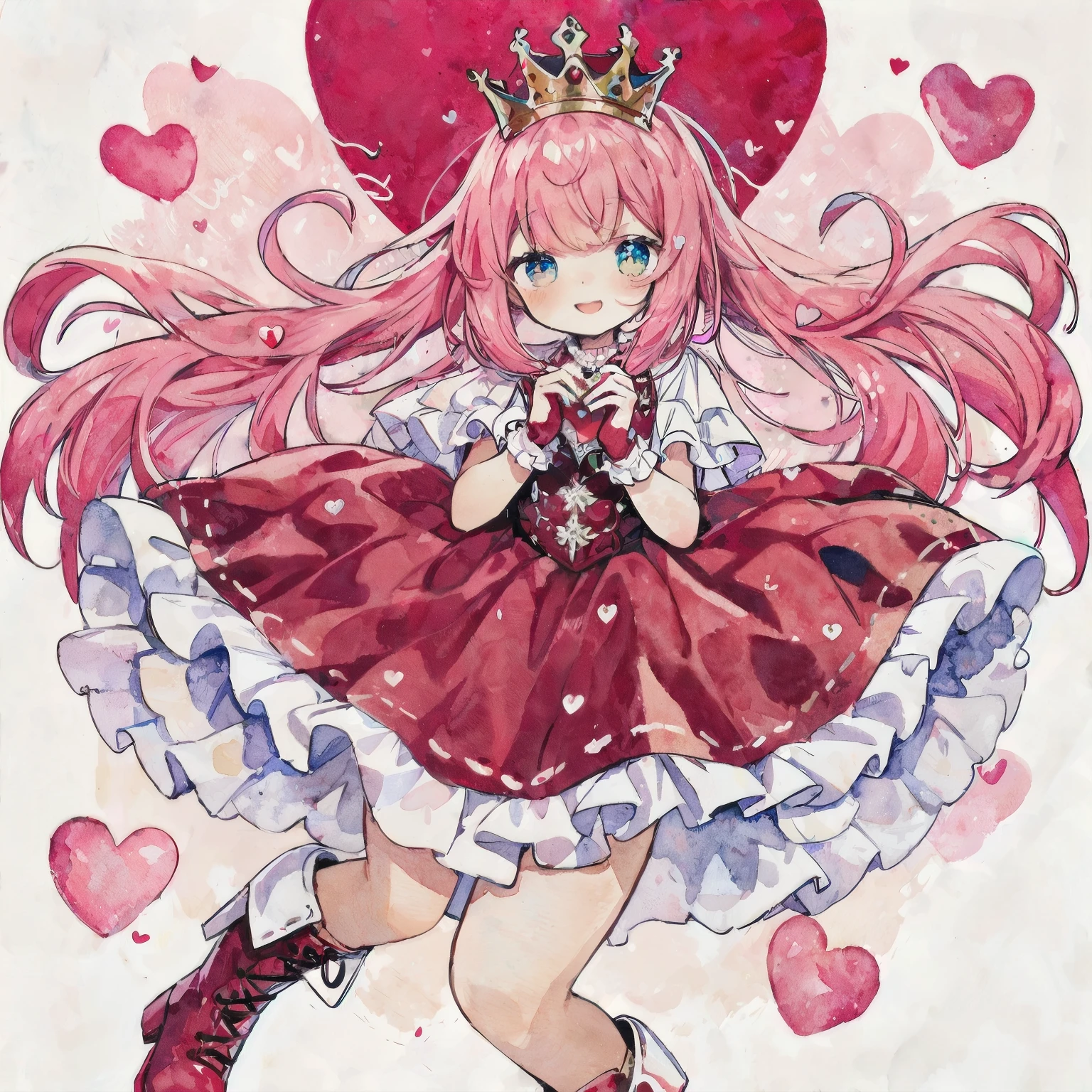 boots、 one girl, White and red wavy hair, dumpling hair, hair in one piece, beautiful hair, cute composition, depth of boundaries, beautiful soft illustration, watercolor style, light red hair, heart many hearts fluffy smile Queen of Hearts Lace Gloves Red Frill Dress Volume One Piece Queen's majesty Red and Pink