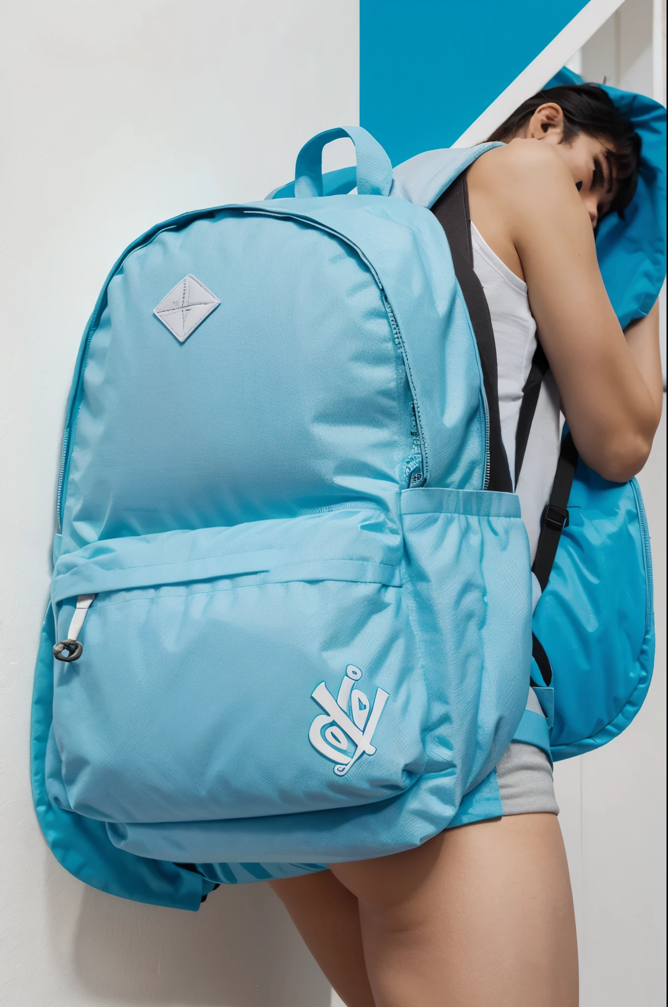 The instruction is Create a flat vector style logo containing a backpack and the name "Productora de Mochilas FG" en azul marino debajo.