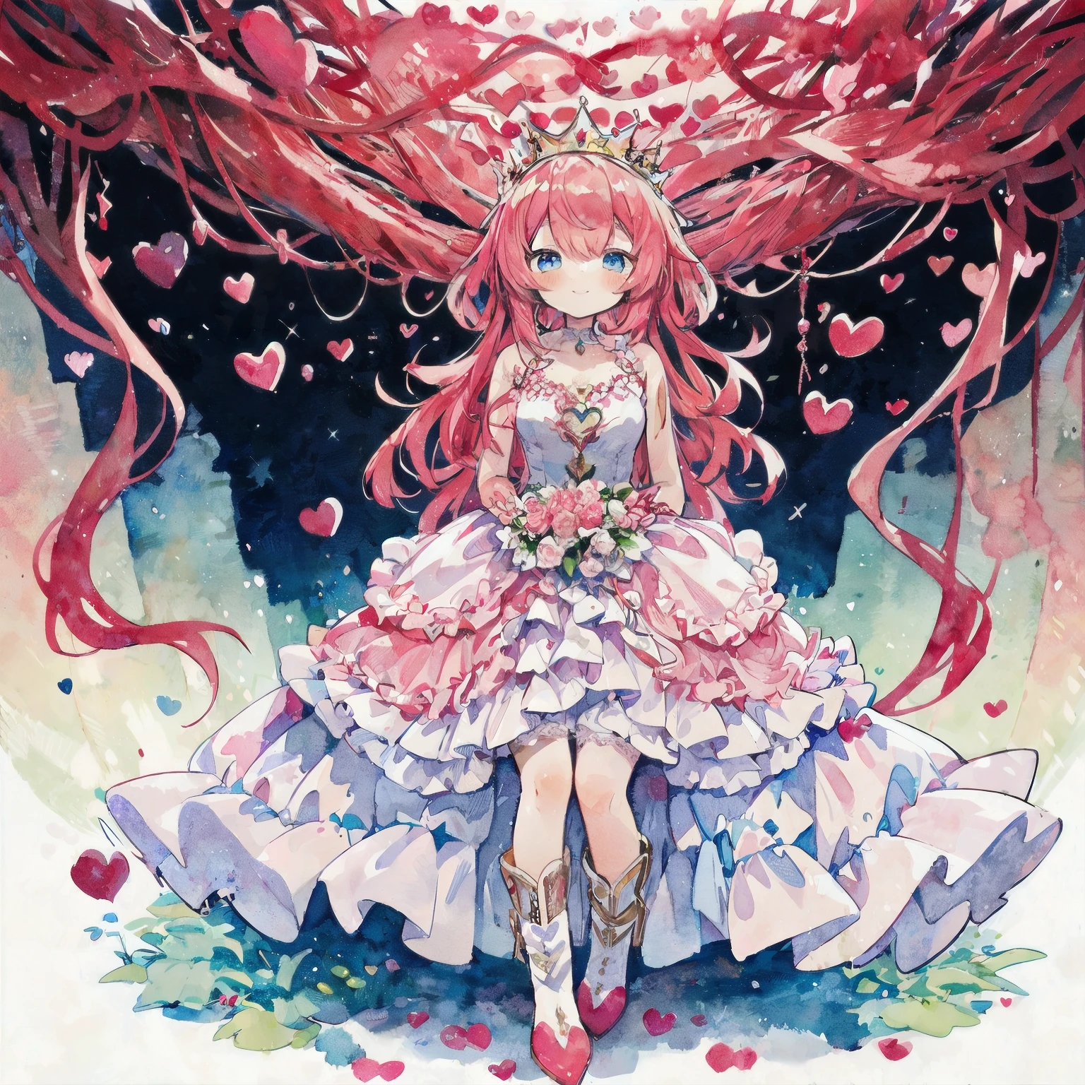 boots、 one girl, White and red wavy hair, dumpling hair, hair in one piece, beautiful hair, cute composition, depth of boundaries, beautiful soft illustration, watercolor style, light red hair, heart many hearts fluffy smile Queen of Hearts Lace Gloves Red Frill Dress Volume One Piece Queen's majesty Red and Pink
